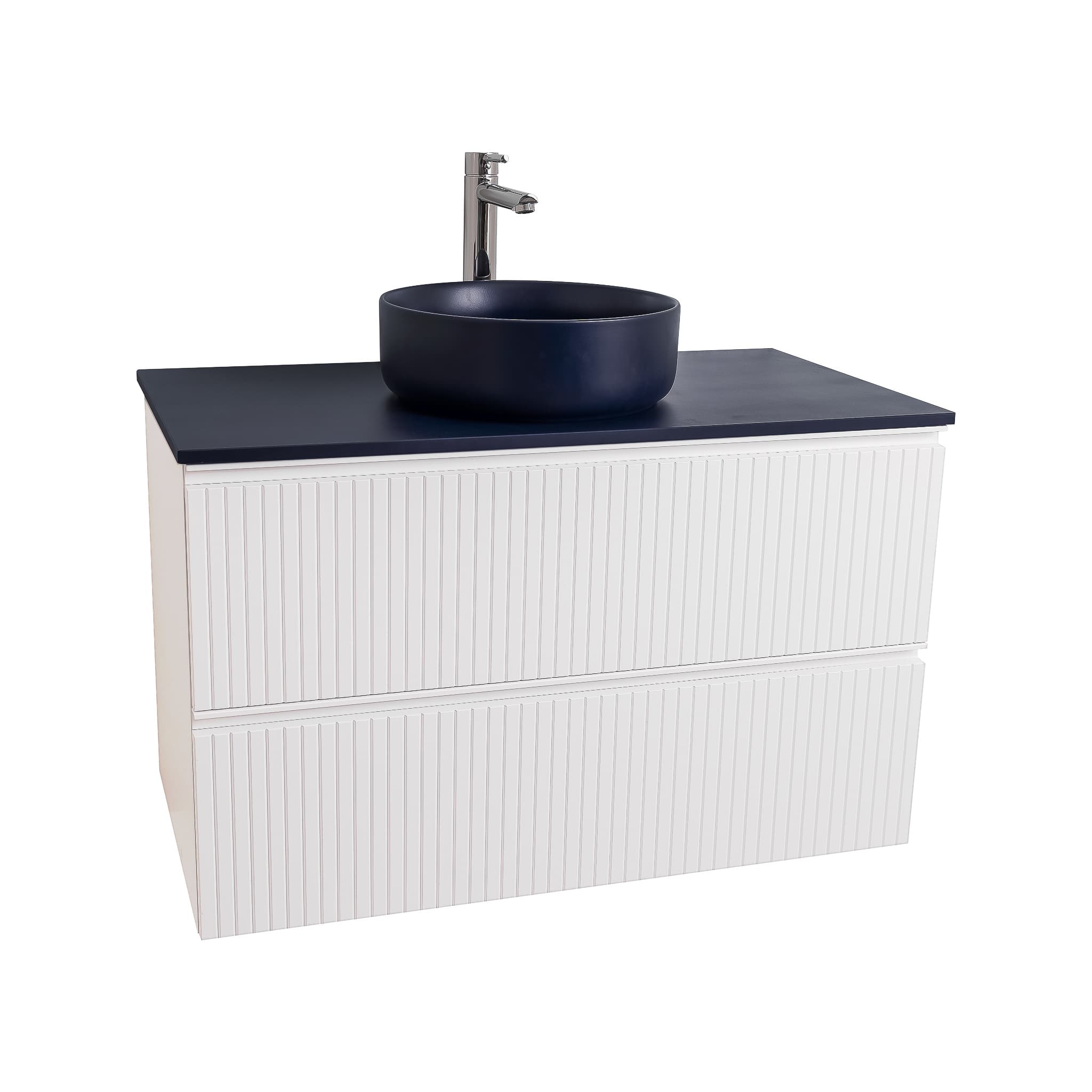 Ares 35.5 Matte White Cabinet, Ares Navy Blue Top And Ares Navy Blue Ceramic Basin, Wall Mounted Modern Vanity Set