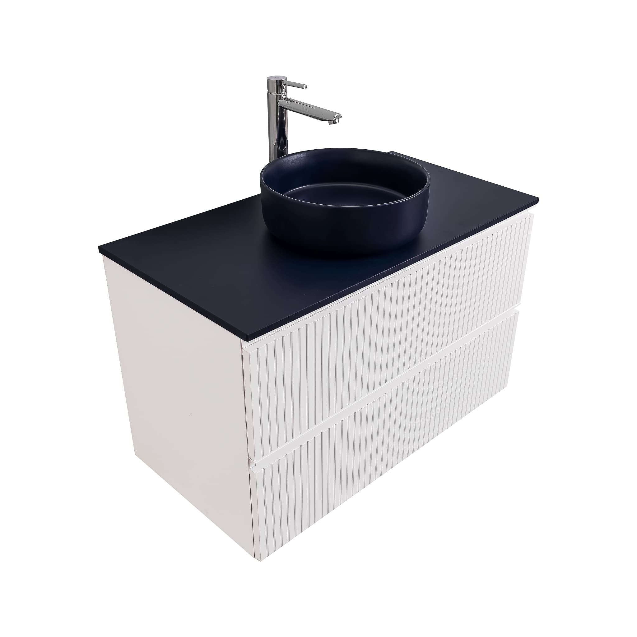 Ares 35.5 Matte White Cabinet, Ares Navy Blue Top And Ares Navy Blue Ceramic Basin, Wall Mounted Modern Vanity Set