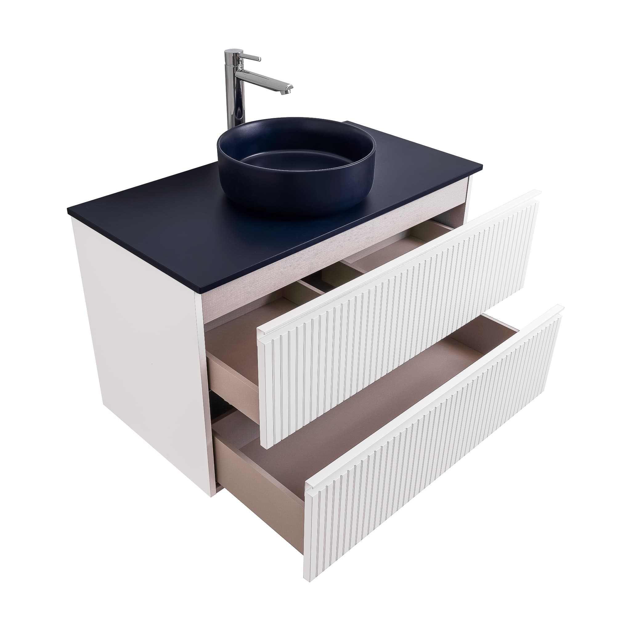 Ares 35.5 Matte White Cabinet, Ares Navy Blue Top And Ares Navy Blue Ceramic Basin, Wall Mounted Modern Vanity Set