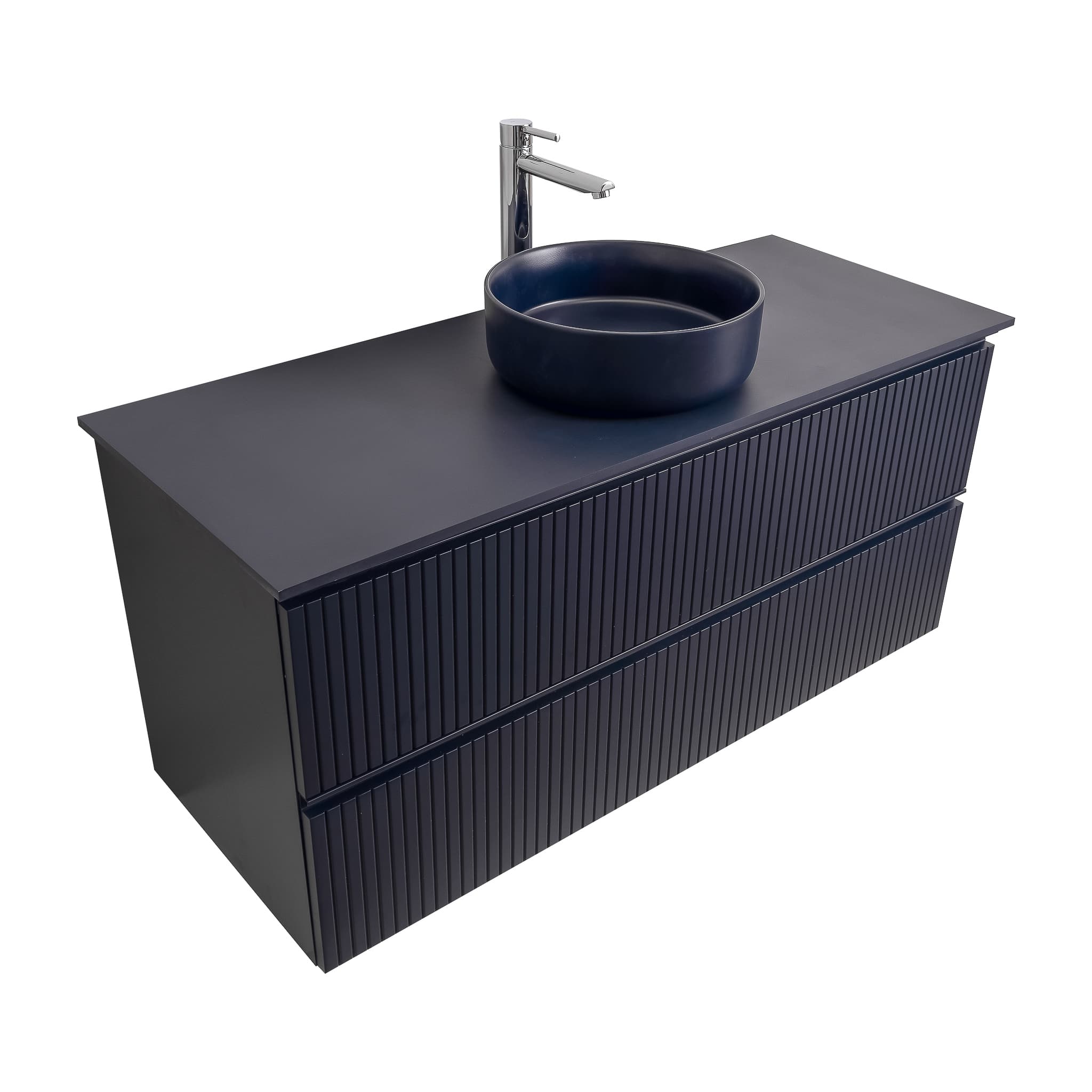 Ares 47.5 Matte Navy Blue Cabinet, Ares Navy Blue Top And Ares Navy Blue Ceramic Basin, Wall Mounted Modern Vanity Set