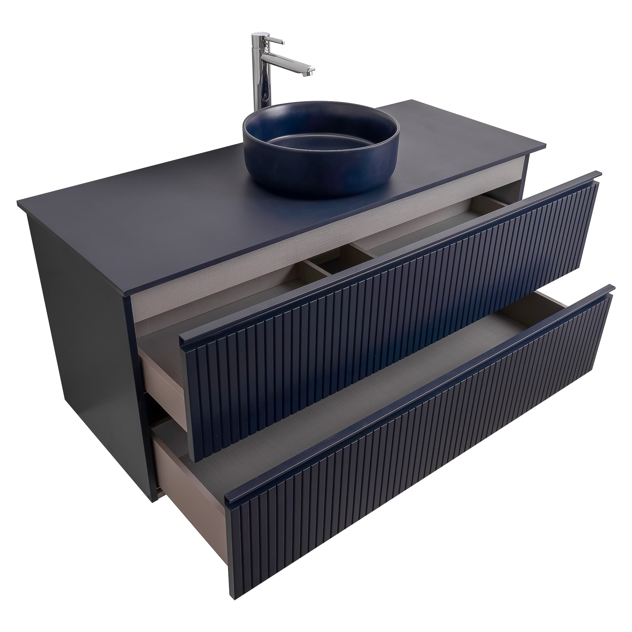 Ares 47.5 Matte Navy Blue Cabinet, Ares Navy Blue Top And Ares Navy Blue Ceramic Basin, Wall Mounted Modern Vanity Set