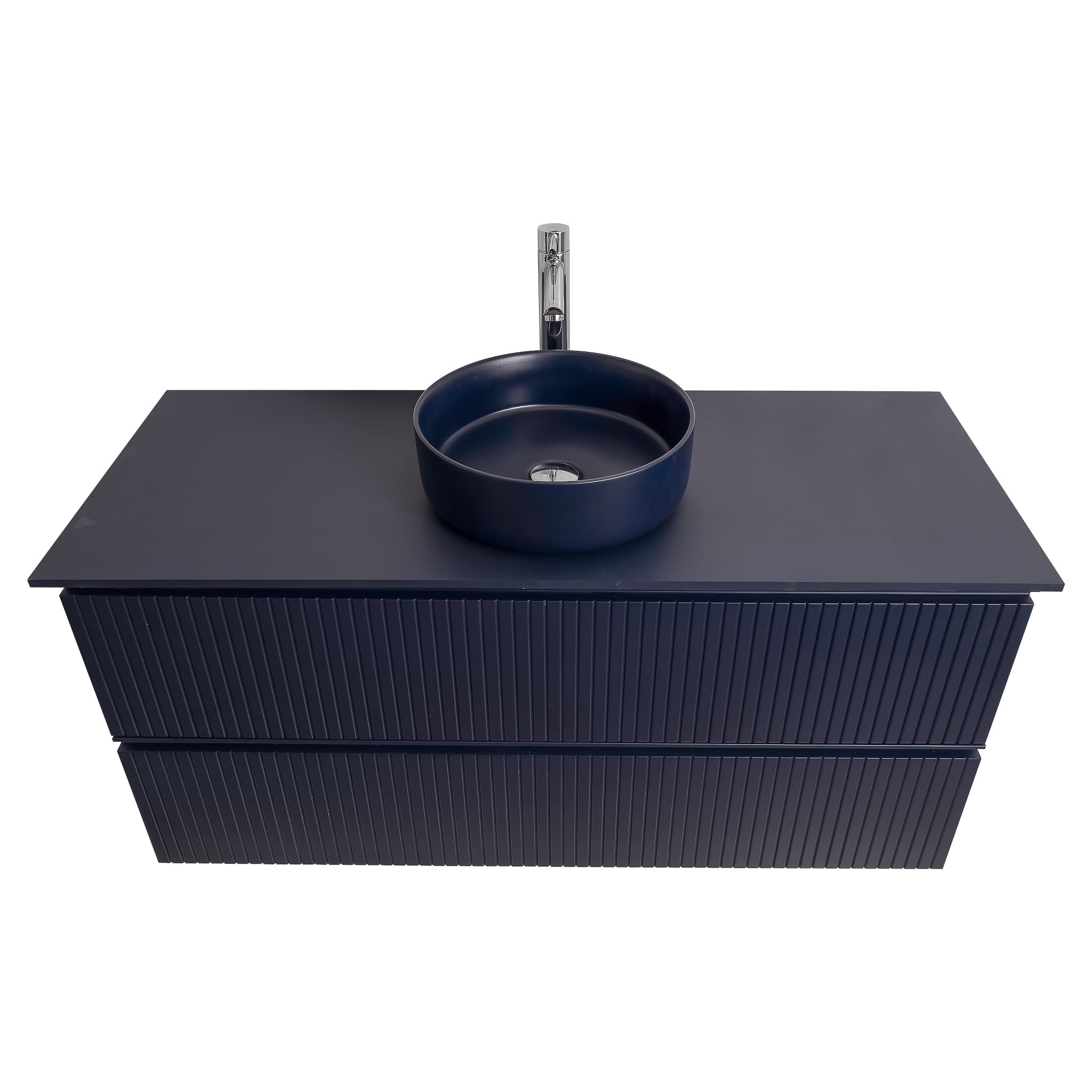 Ares 47.5 Matte Navy Blue Cabinet, Ares Navy Blue Top And Ares Navy Blue Ceramic Basin, Wall Mounted Modern Vanity Set