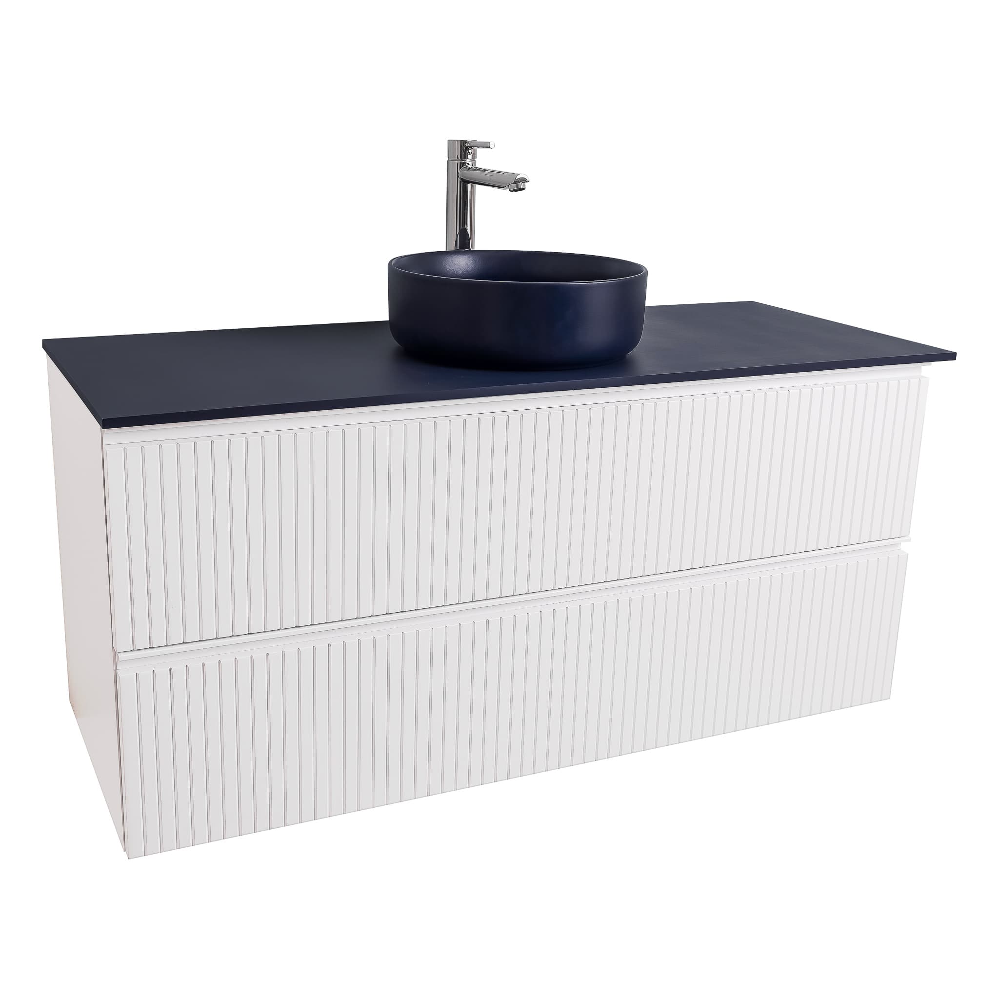 Ares 47.5 Matte White Cabinet, Ares Navy Blue Top And Ares Navy Blue Ceramic Basin, Wall Mounted Modern Vanity Set