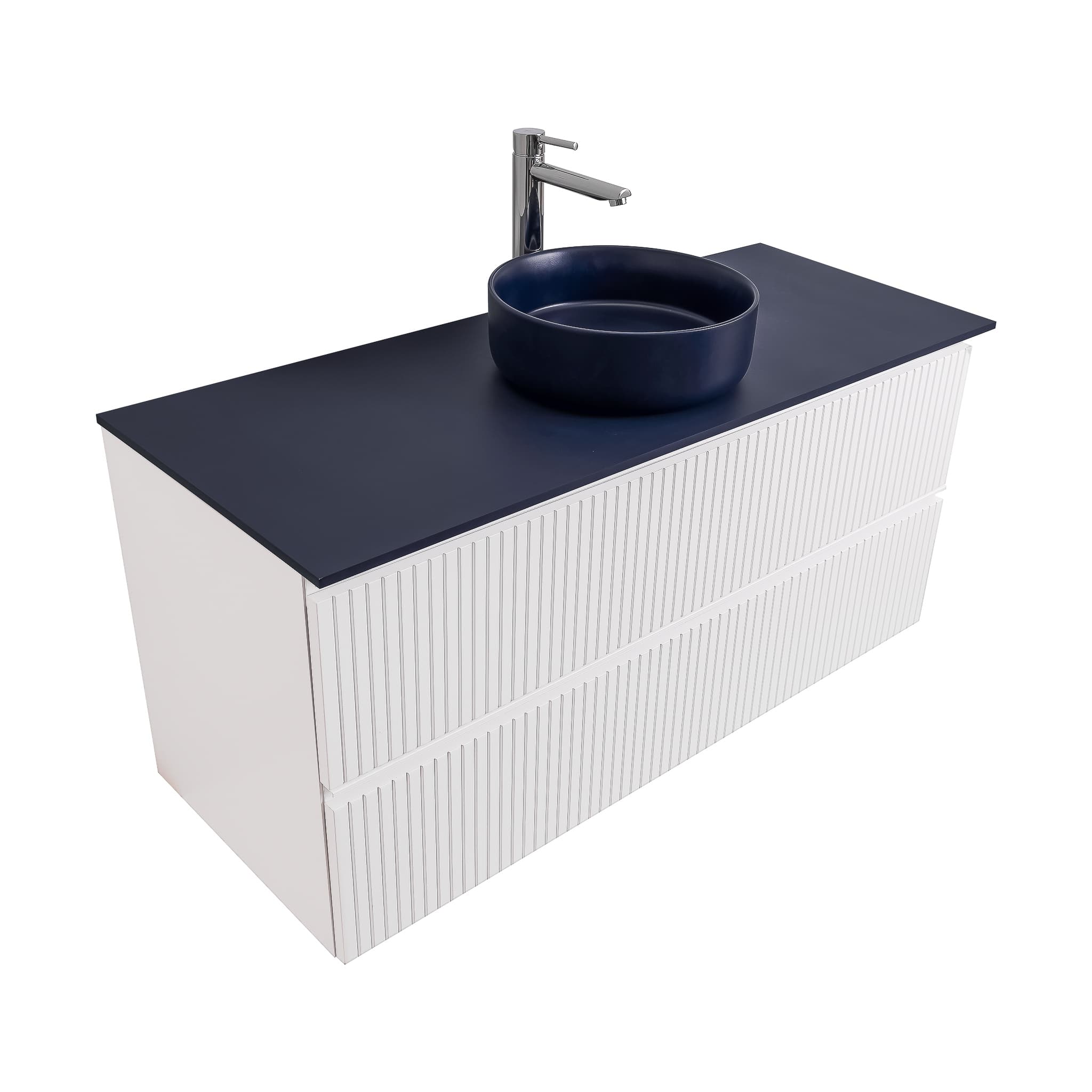 Ares 47.5 Matte White Cabinet, Ares Navy Blue Top And Ares Navy Blue Ceramic Basin, Wall Mounted Modern Vanity Set