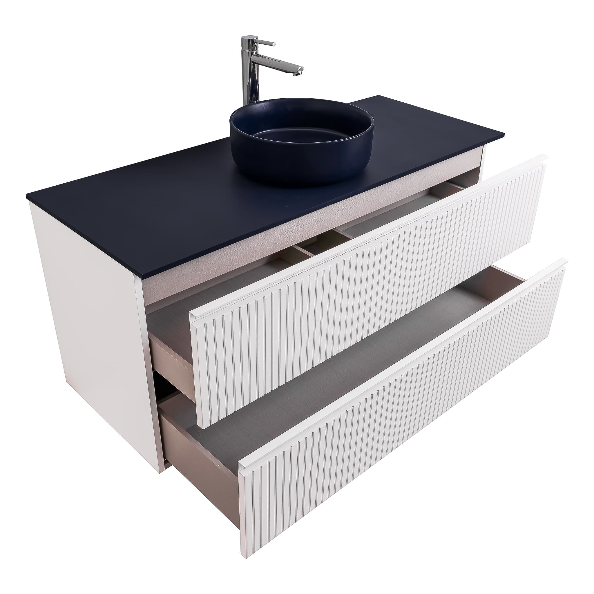 Ares 47.5 Matte White Cabinet, Ares Navy Blue Top And Ares Navy Blue Ceramic Basin, Wall Mounted Modern Vanity Set