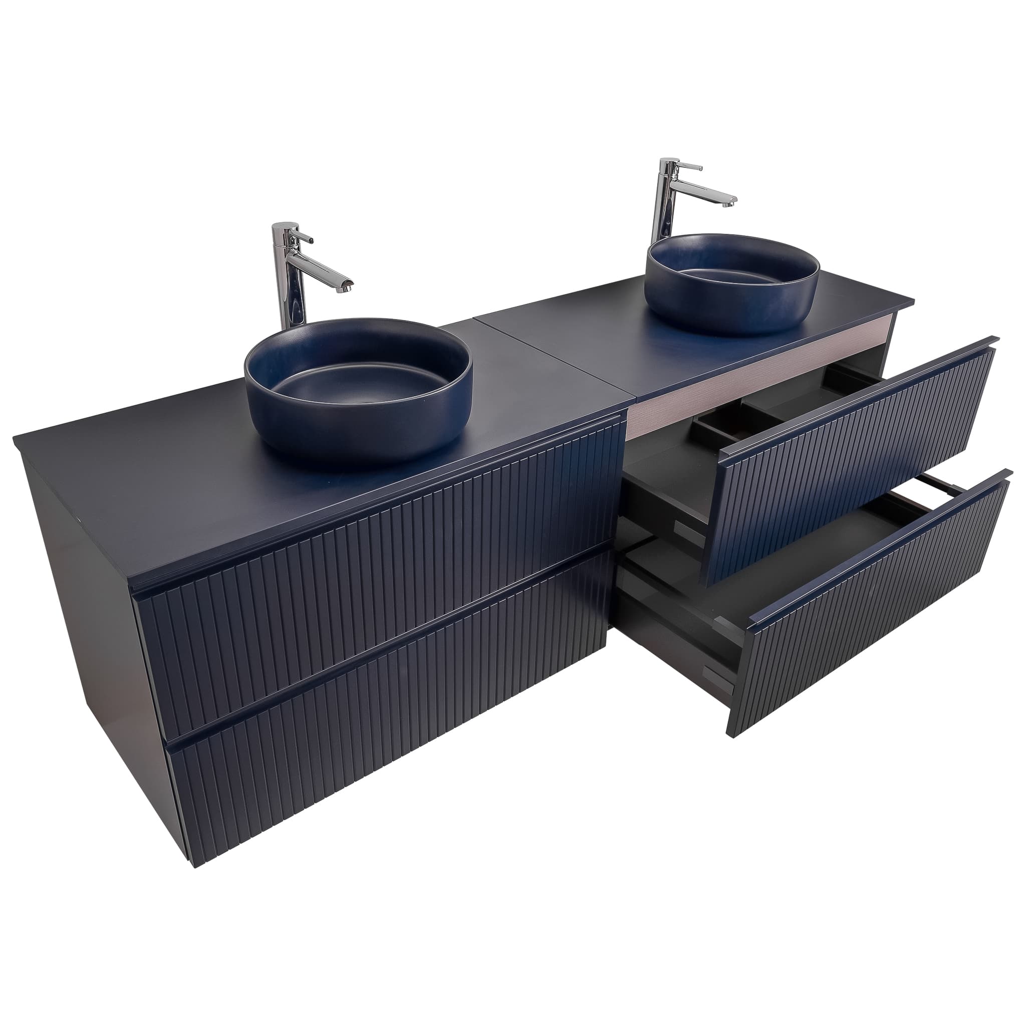 Ares 63 Matte Navy Blue Cabinet, Ares Navy Blue Top And Two Ares Navy Blue Ceramic Basin, Wall Mounted Modern Vanity Set