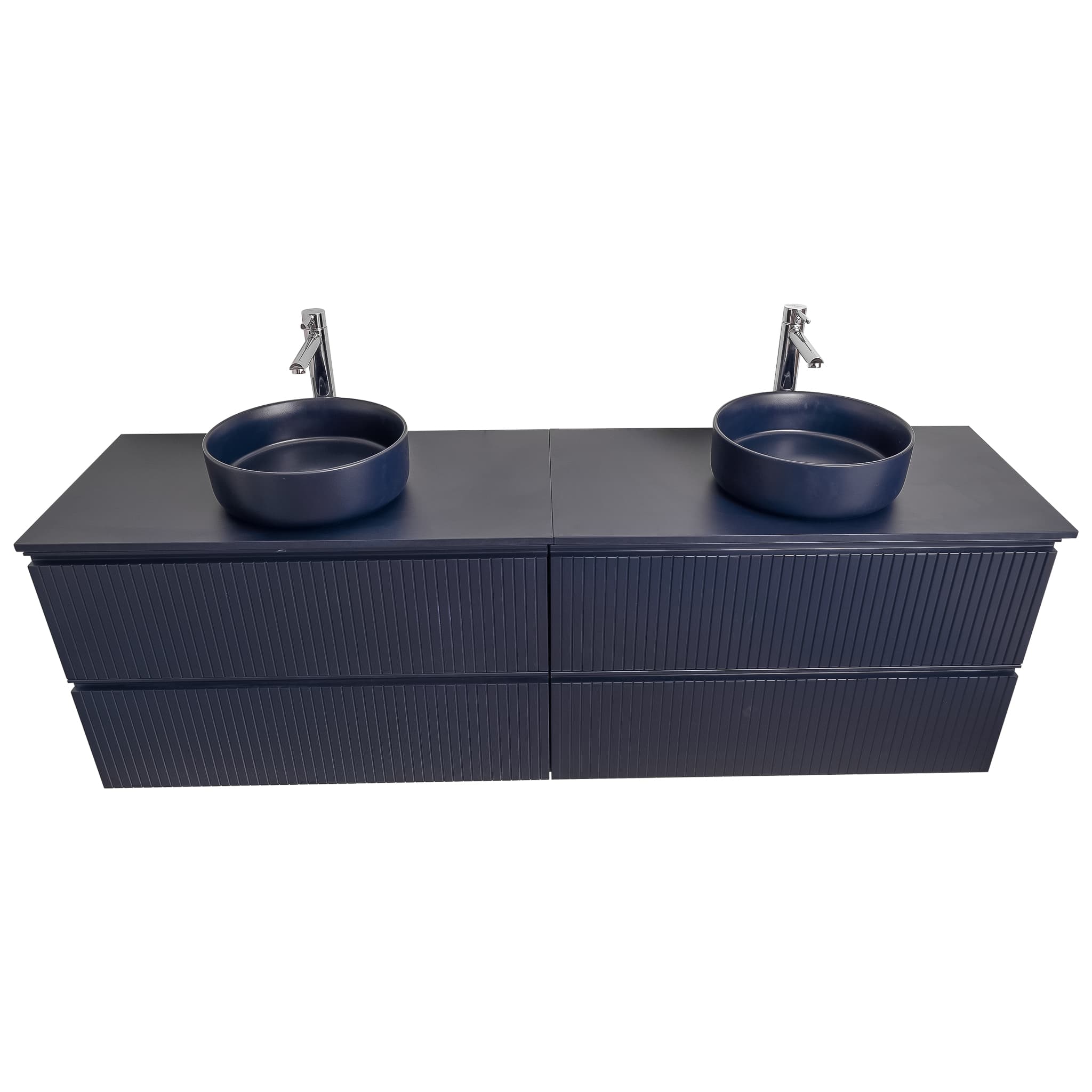 Ares 63 Matte Navy Blue Cabinet, Ares Navy Blue Top And Two Ares Navy Blue Ceramic Basin, Wall Mounted Modern Vanity Set