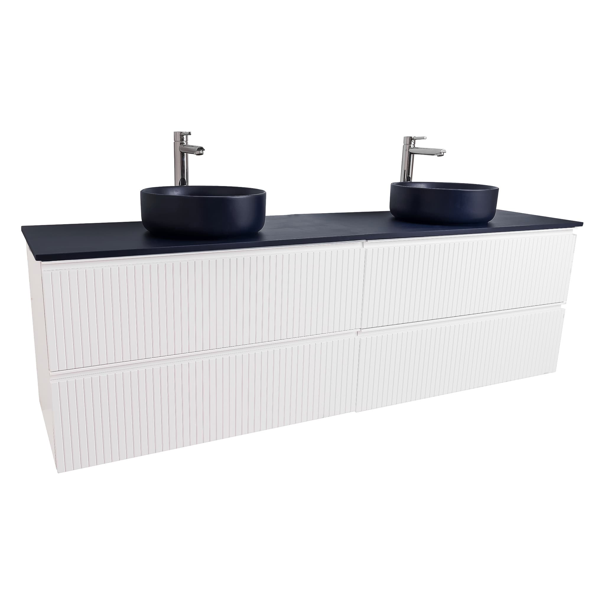 Ares 63 Matte White Cabinet, Ares Navy Blue Top And Two Ares Navy Blue Ceramic Basin, Wall Mounted Modern Vanity Set