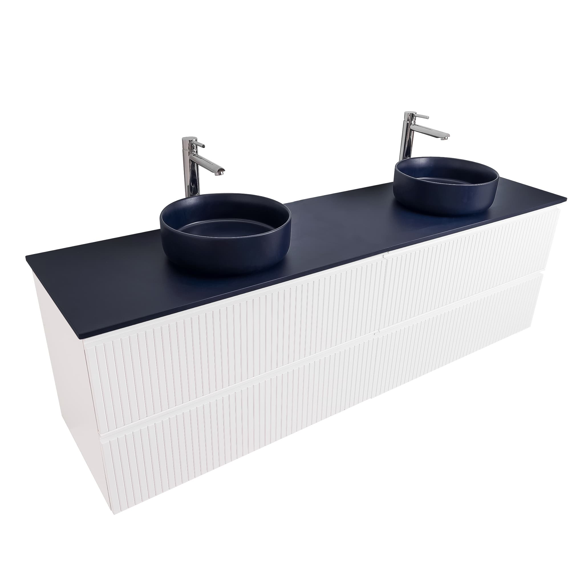 Ares 63 Matte White Cabinet, Ares Navy Blue Top And Two Ares Navy Blue Ceramic Basin, Wall Mounted Modern Vanity Set