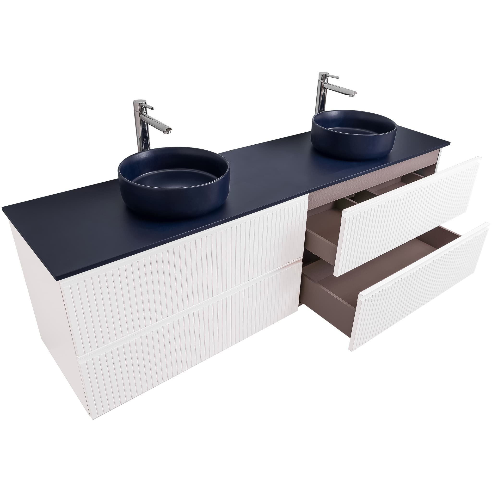 Ares 63 Matte White Cabinet, Ares Navy Blue Top And Two Ares Navy Blue Ceramic Basin, Wall Mounted Modern Vanity Set