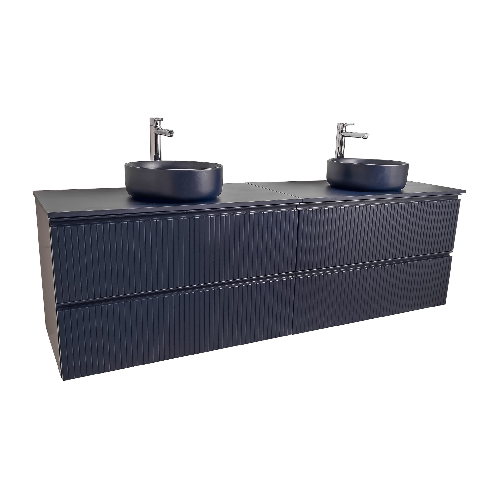 Ares 72 Matte Navy Blue Cabinet, Ares Navy Blue Top And Two Ares Navy Blue Ceramic Basin, Wall Mounted Modern Vanity Set