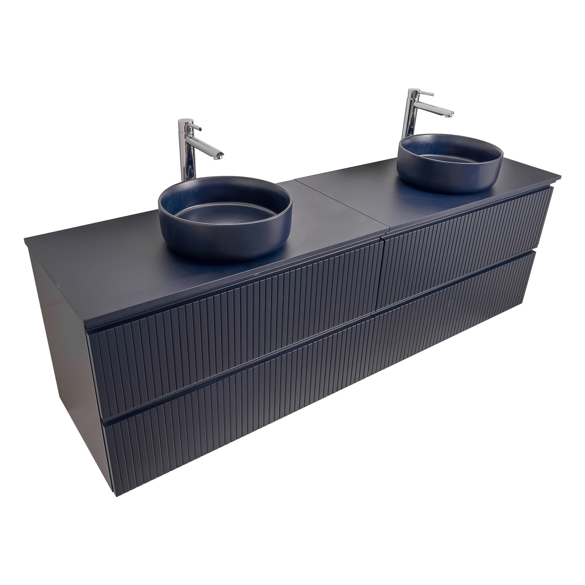 Ares 72 Matte Navy Blue Cabinet, Ares Navy Blue Top And Two Ares Navy Blue Ceramic Basin, Wall Mounted Modern Vanity Set