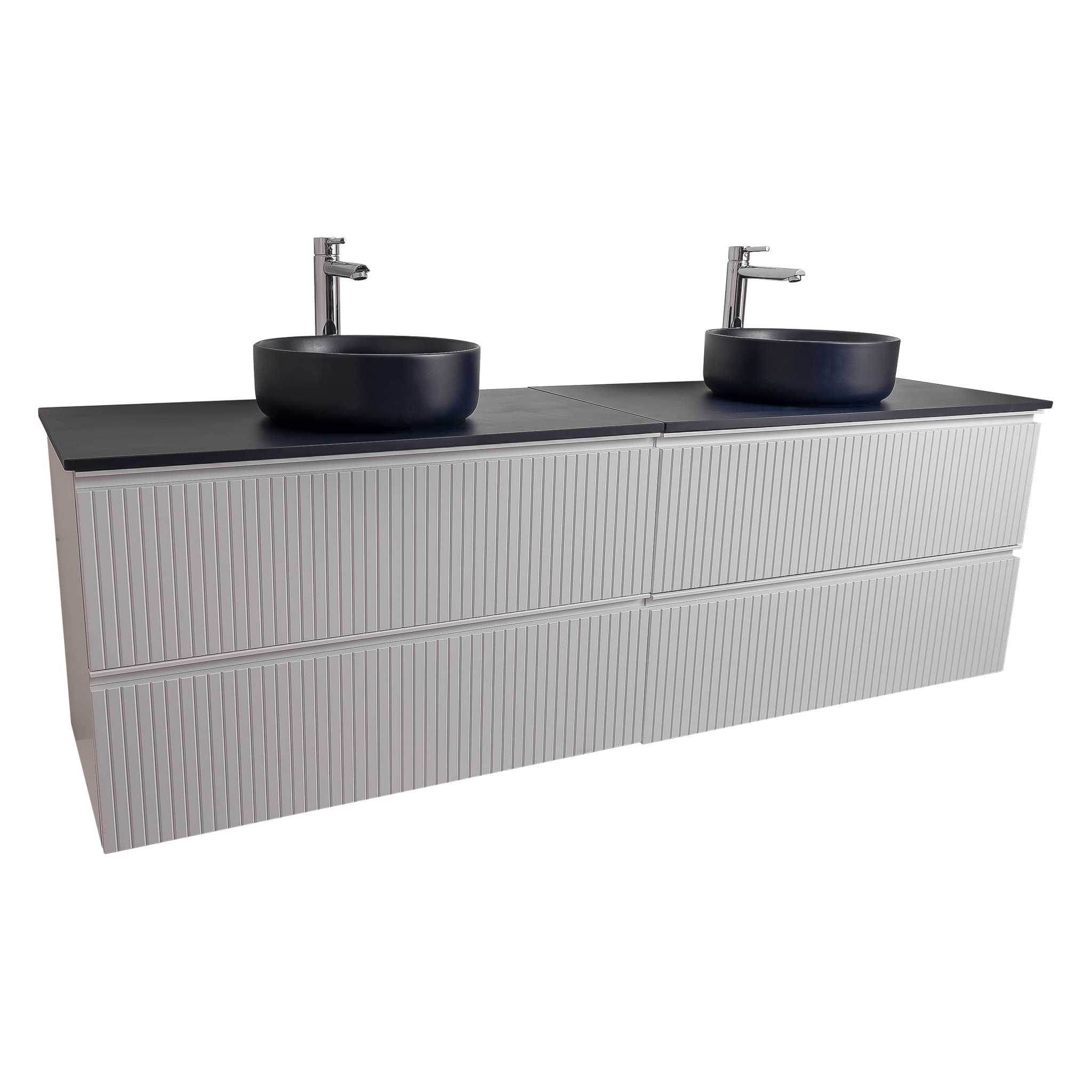 Ares 72 Matte White Cabinet, Ares Navy Blue Top And Two Ares Navy Blue Ceramic Basin, Wall Mounted Modern Vanity Set