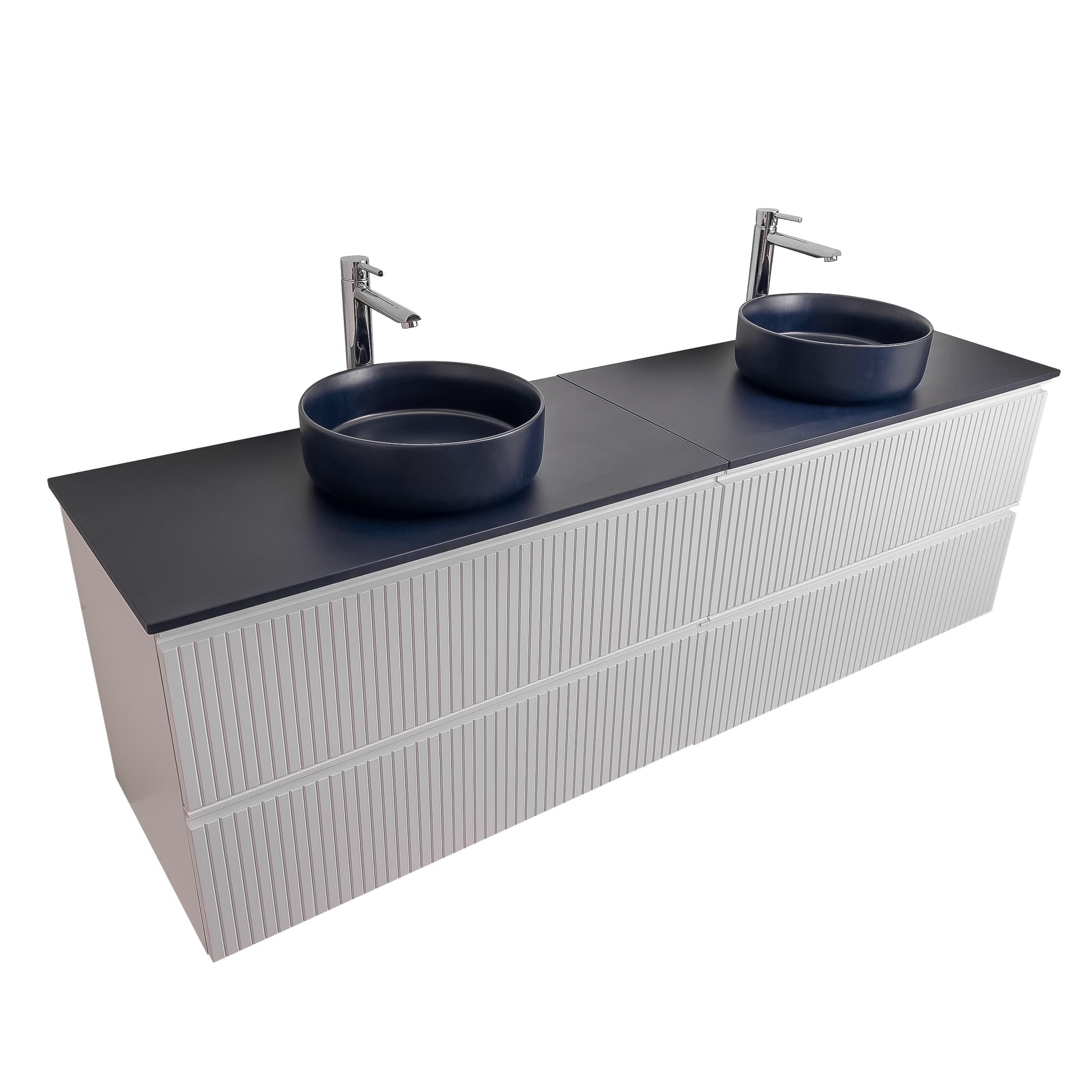 Ares 72 Matte White Cabinet, Ares Navy Blue Top And Two Ares Navy Blue Ceramic Basin, Wall Mounted Modern Vanity Set