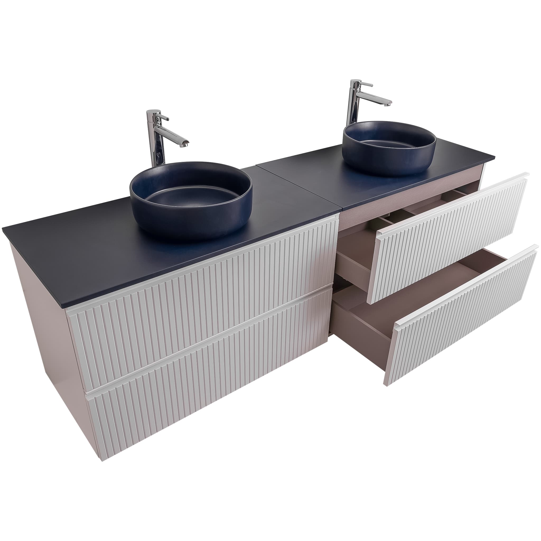 Ares 72 Matte White Cabinet, Ares Navy Blue Top And Two Ares Navy Blue Ceramic Basin, Wall Mounted Modern Vanity Set