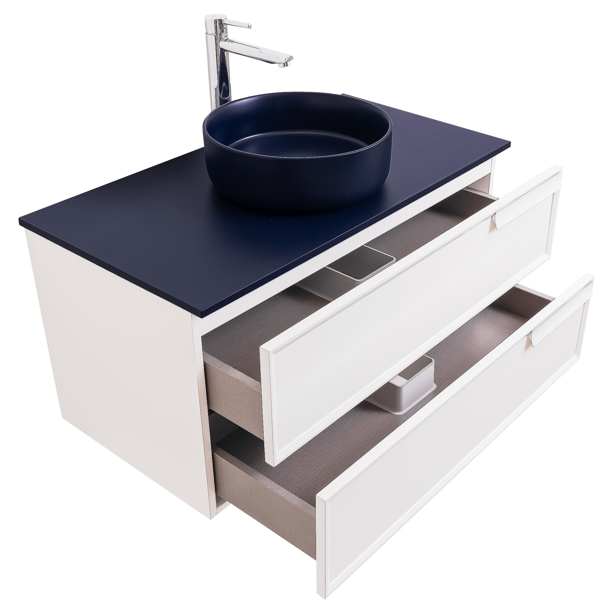 Garda 31.5 Matte White Cabinet, Ares Navy Blue Top and Ares Navy Blue Ceramic Basin, Wall Mounted Modern Vanity Set
