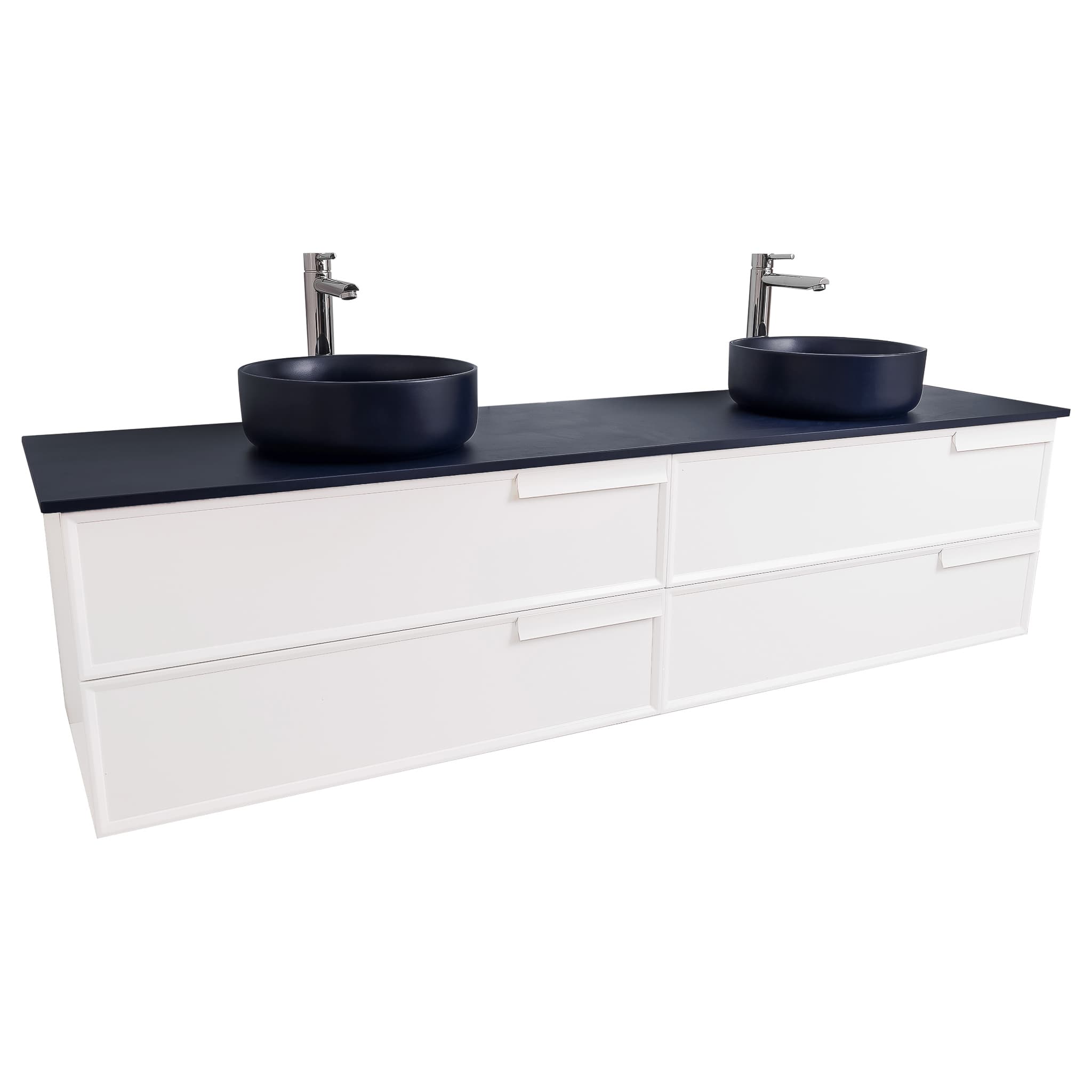 Garda 63 Matte White Cabinet, Ares Navy Blue Top and Two Ares Navy Blue Ceramic Basin, Wall Mounted Modern Vanity Set