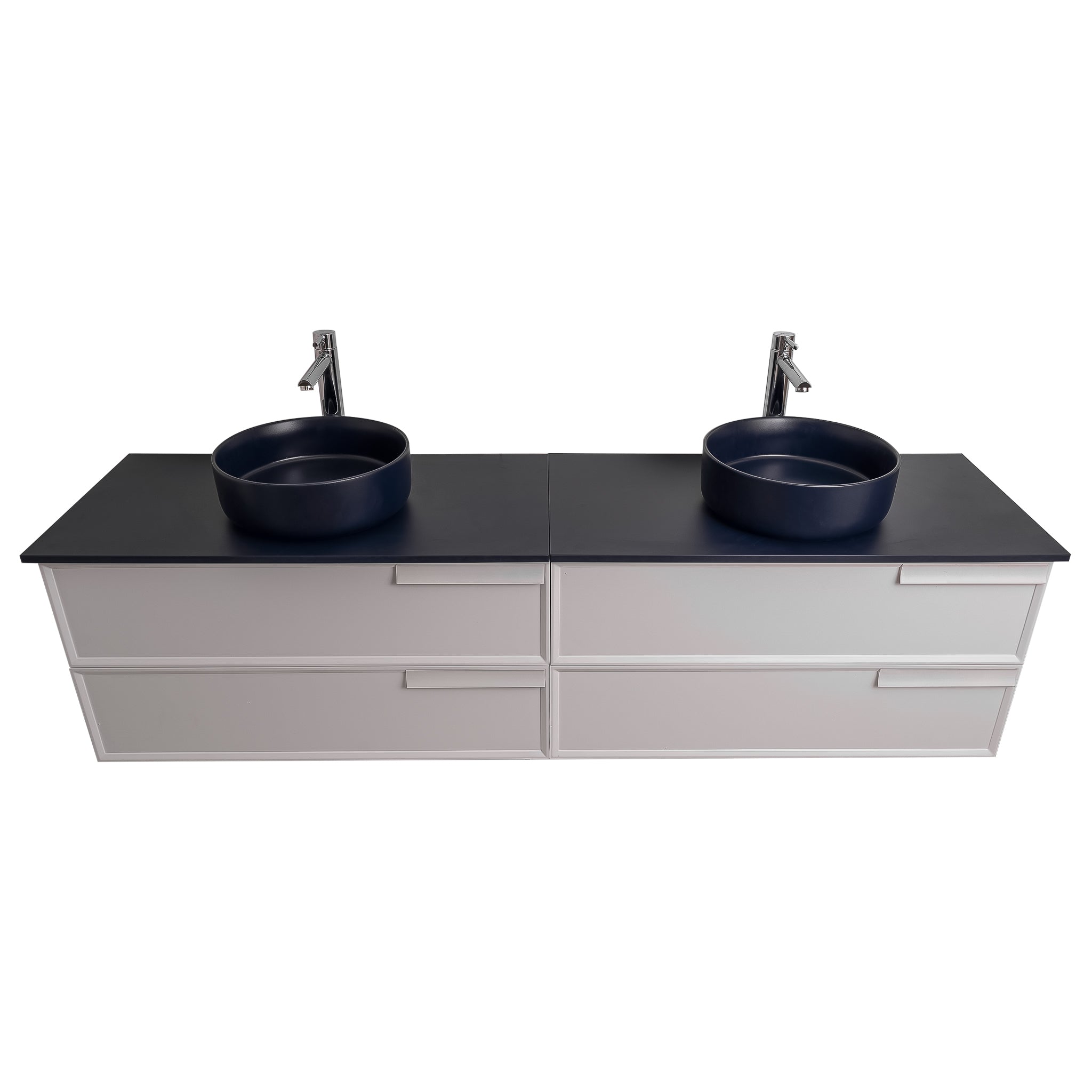 Garda 63 Matte White Cabinet, Ares Navy Blue Top and Two Ares Navy Blue Ceramic Basin, Wall Mounted Modern Vanity Set