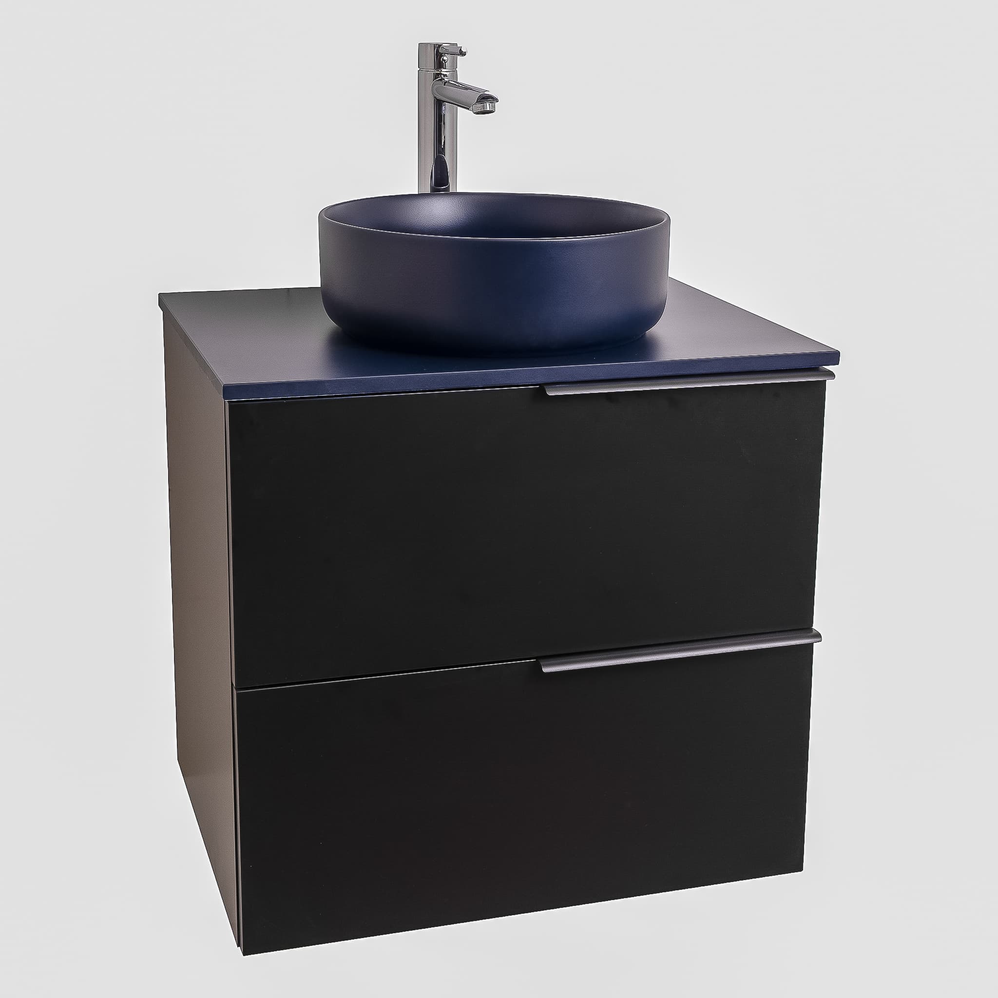 Mallorca 23.5 Matte Black Cabinet, Ares Navy Blue Top And Ares Navy Blue Ceramic Basin, Wall Mounted Modern Vanity Set