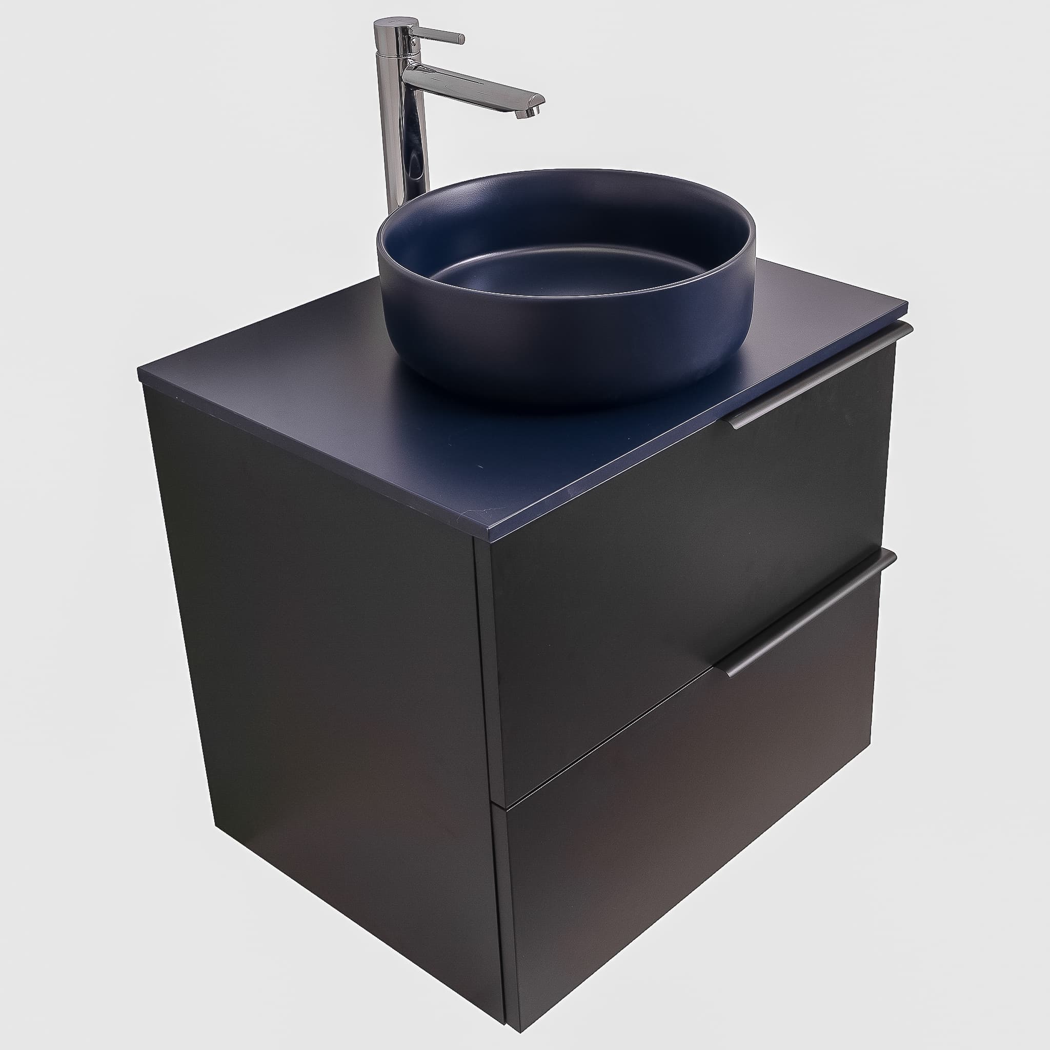 Mallorca 23.5 Matte Black Cabinet, Ares Navy Blue Top And Ares Navy Blue Ceramic Basin, Wall Mounted Modern Vanity Set
