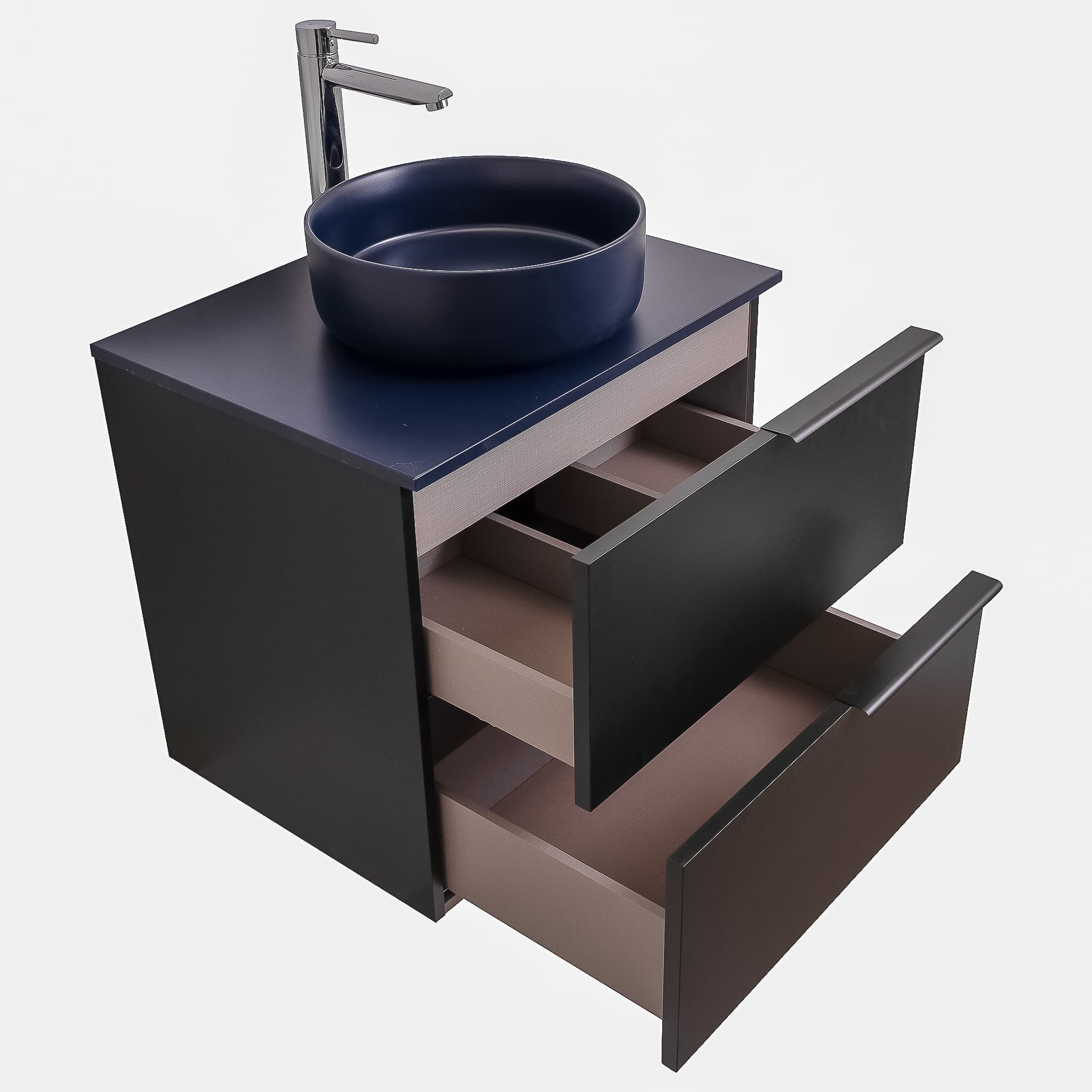 Mallorca 23.5 Matte Black Cabinet, Ares Navy Blue Top And Ares Navy Blue Ceramic Basin, Wall Mounted Modern Vanity Set