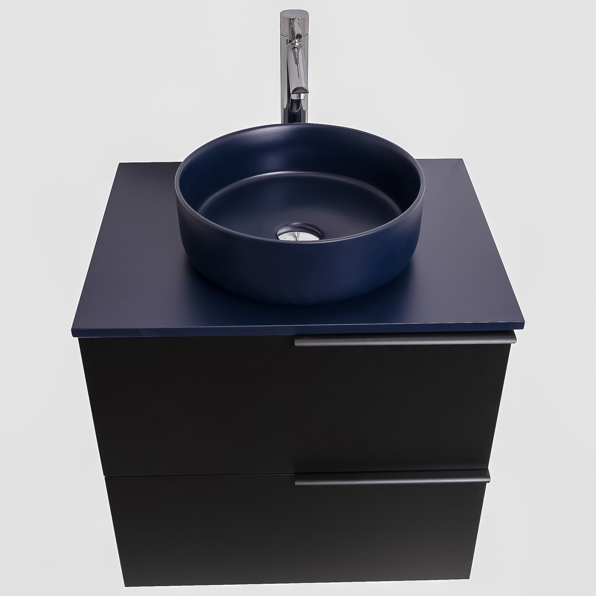 Mallorca 23.5 Matte Black Cabinet, Ares Navy Blue Top And Ares Navy Blue Ceramic Basin, Wall Mounted Modern Vanity Set