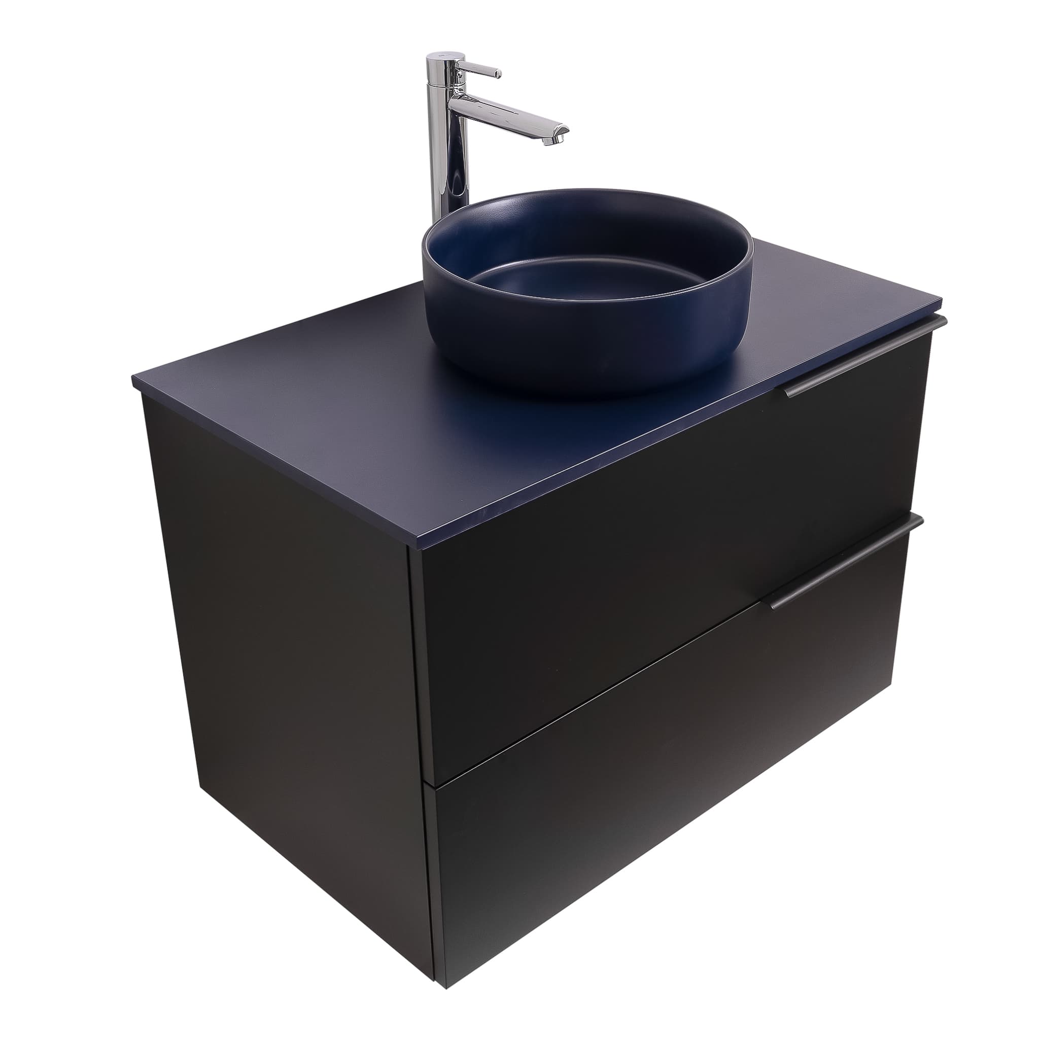 Mallorca 31.5 Matte Black Cabinet, Ares Navy Blue Top And Ares Navy Blue Ceramic Basin, Wall Mounted Modern Vanity Set