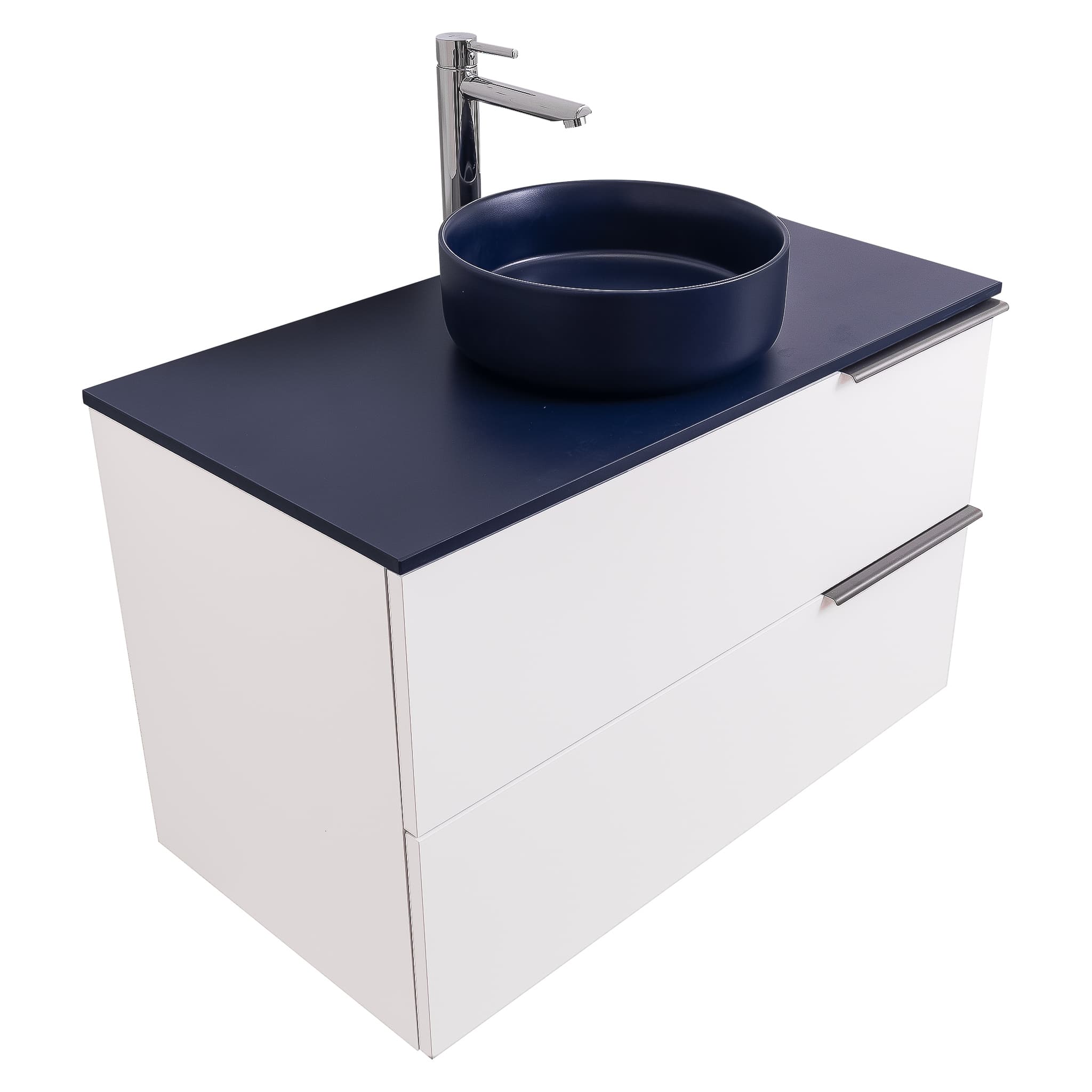 Mallorca 31.5 Matte White Cabinet, Ares Navy Blue Top And Ares Navy Blue Ceramic Basin, Wall Mounted Modern Vanity Set