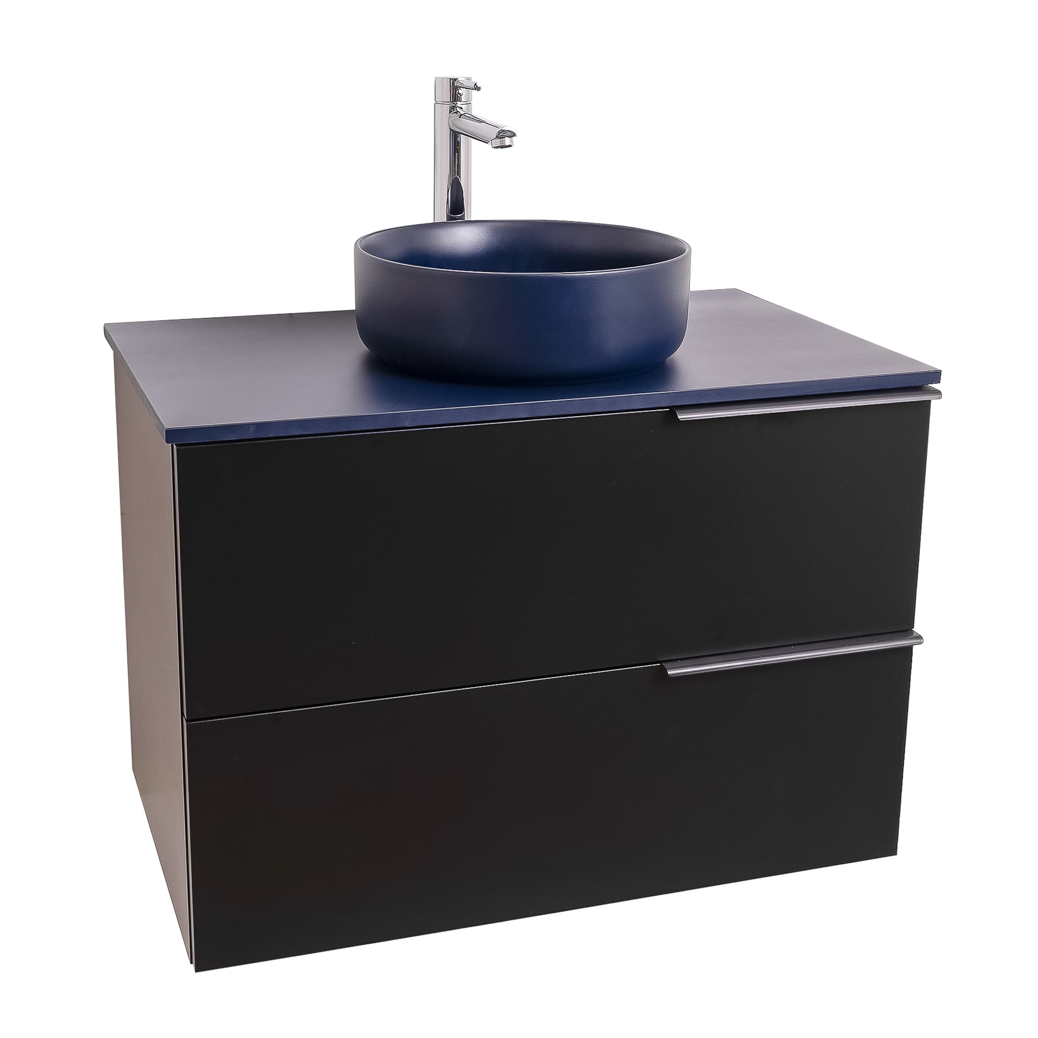 Mallorca 35.5 Matte Black Cabinet, Ares Navy Blue Top And Ares Navy Blue Ceramic Basin, Wall Mounted Modern Vanity Set