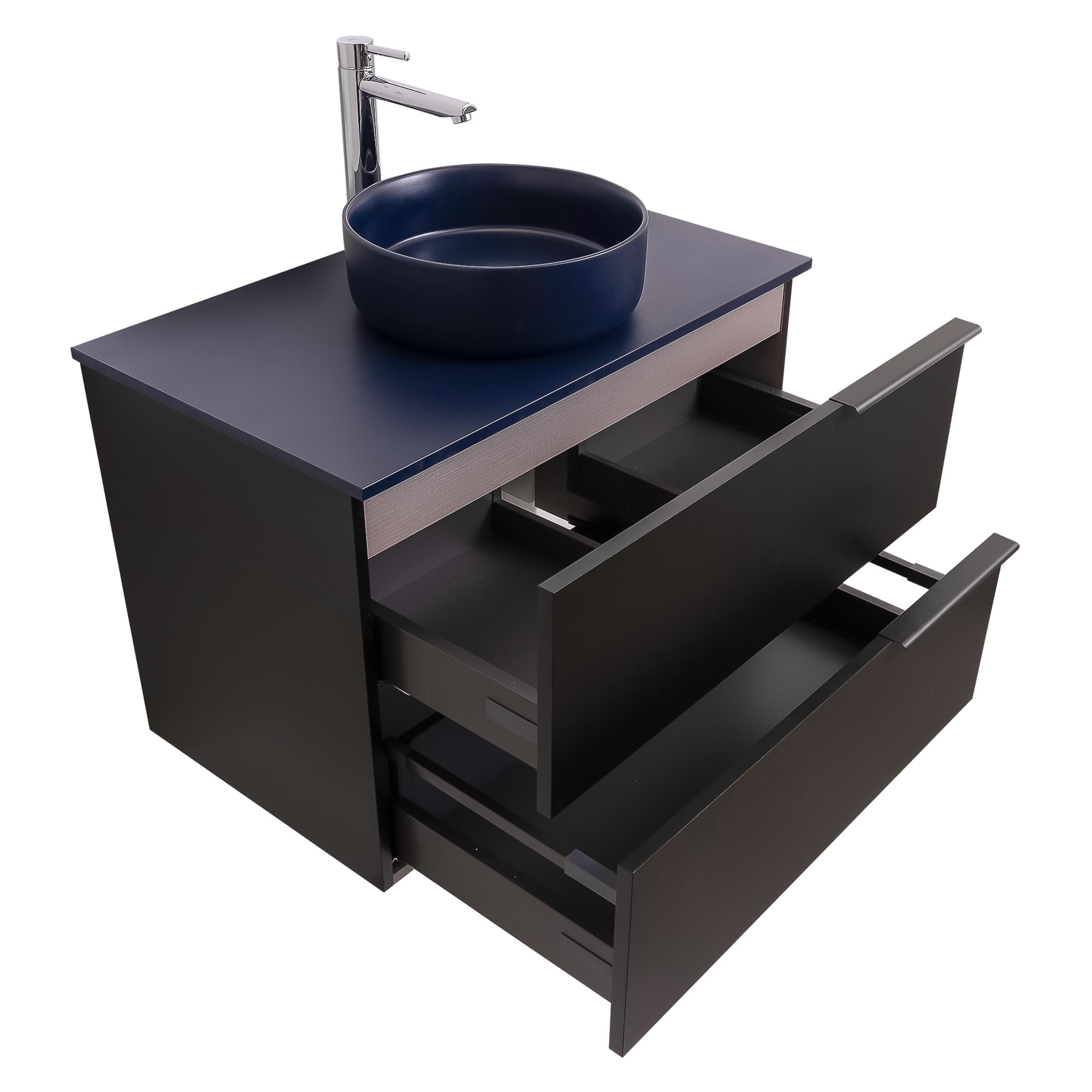 Mallorca 35.5 Matte Black Cabinet, Ares Navy Blue Top And Ares Navy Blue Ceramic Basin, Wall Mounted Modern Vanity Set