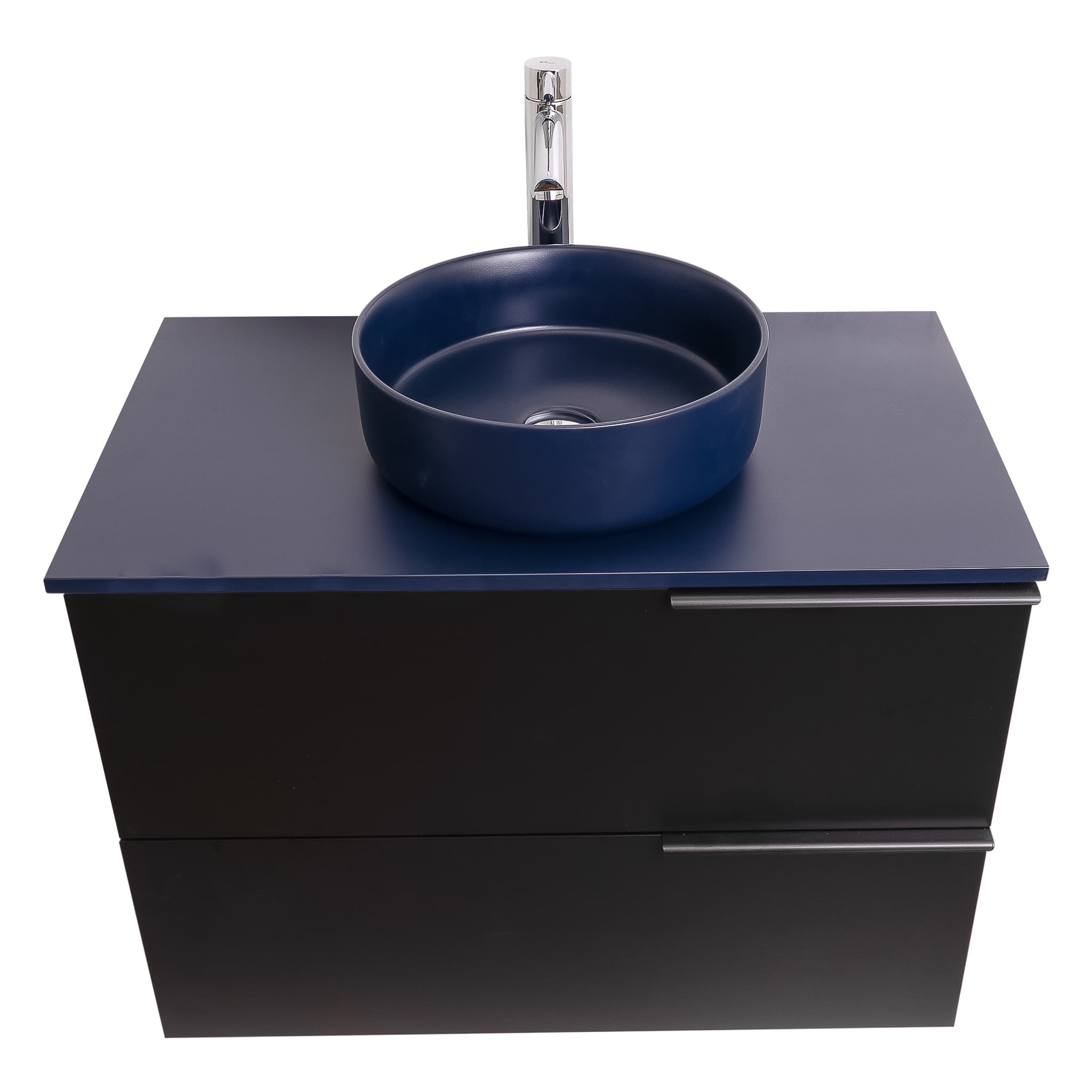 Mallorca 35.5 Matte Black Cabinet, Ares Navy Blue Top And Ares Navy Blue Ceramic Basin, Wall Mounted Modern Vanity Set