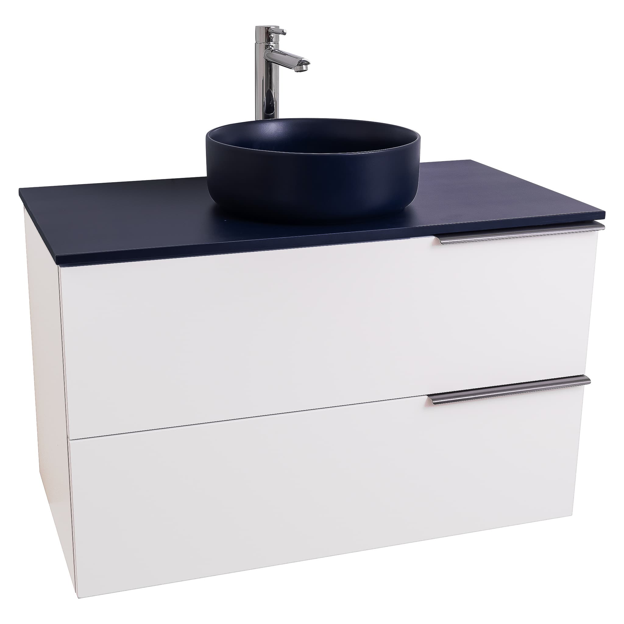Mallorca 35.5 Matte White Cabinet, Ares Navy Blue Top And Ares Navy Blue Ceramic Basin, Wall Mounted Modern Vanity Set