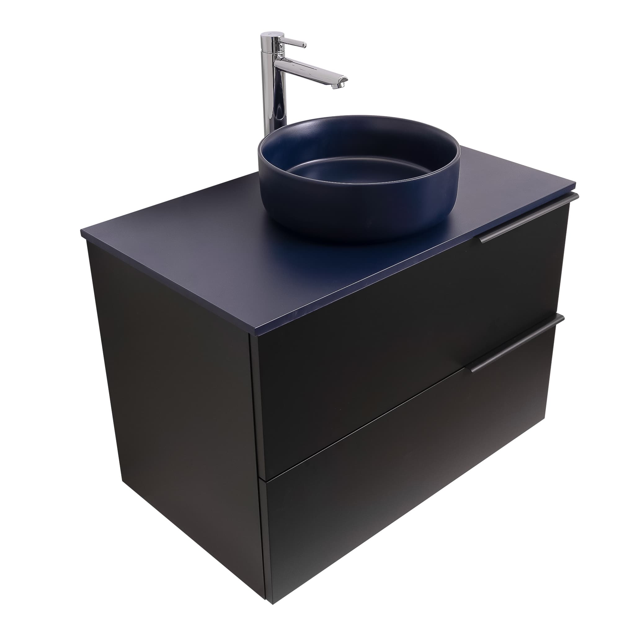 Mallorca 39.5 Matte Black Cabinet, Ares Navy Blue Top And Ares Navy Blue Ceramic Basin, Wall Mounted Modern Vanity Set