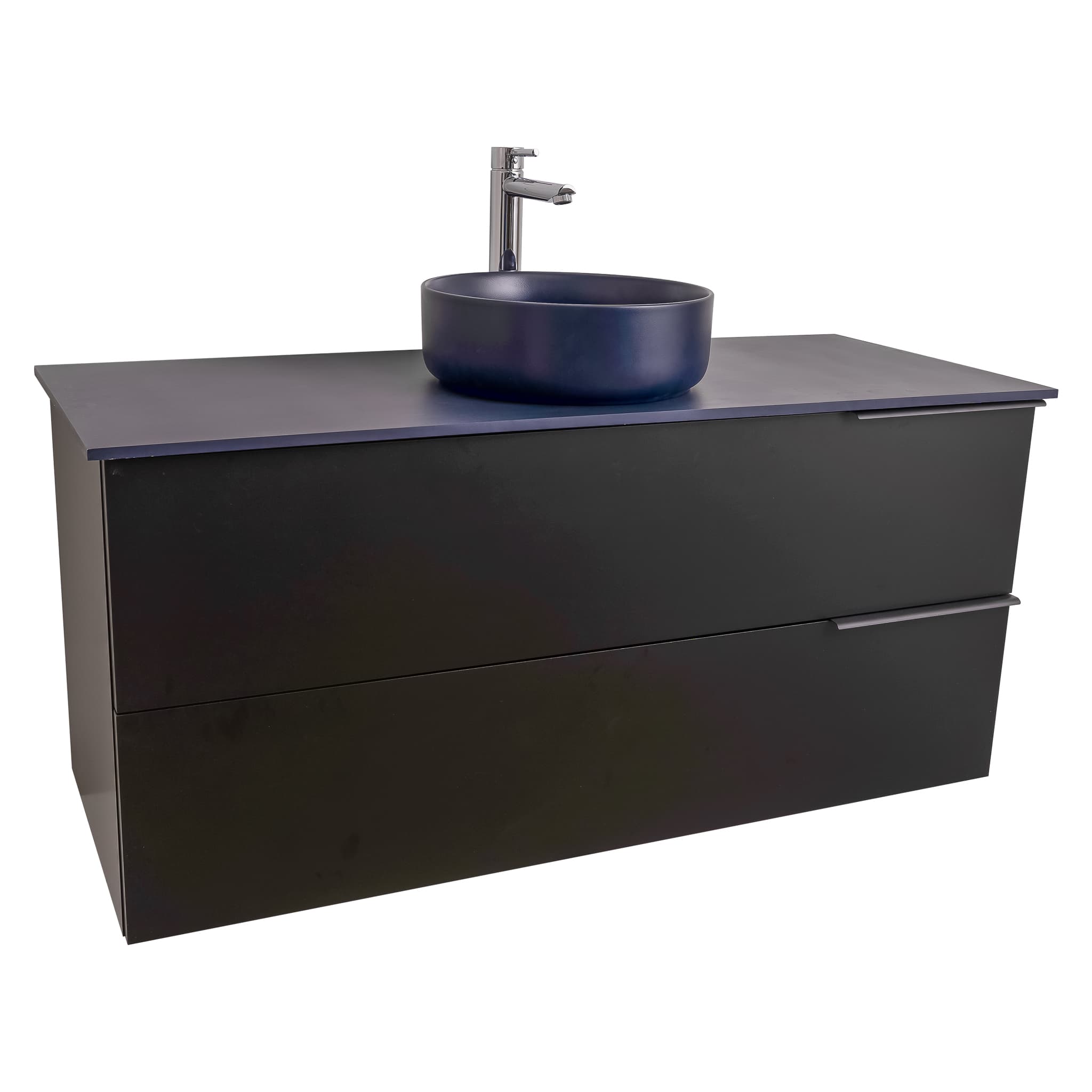 Mallorca 47.5 Matte Black Cabinet, Ares Navy Blue Top And Ares Navy Blue Ceramic Basin, Wall Mounted Modern Vanity Set