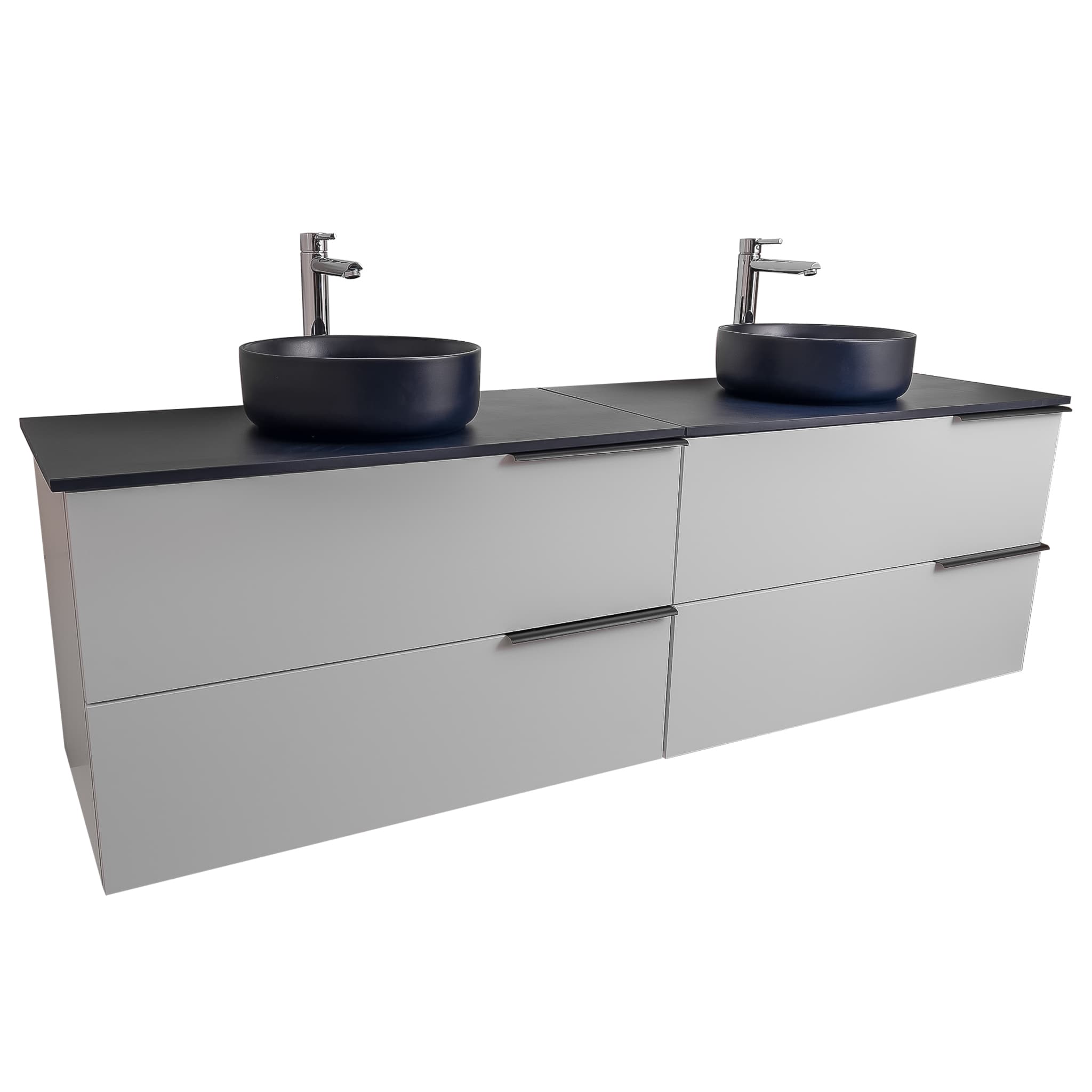 Mallorca 63 Matte White Cabinet, Ares Navy Blue Top And Two Ares Navy Blue Ceramic Basin, Wall Mounted Modern Vanity Set