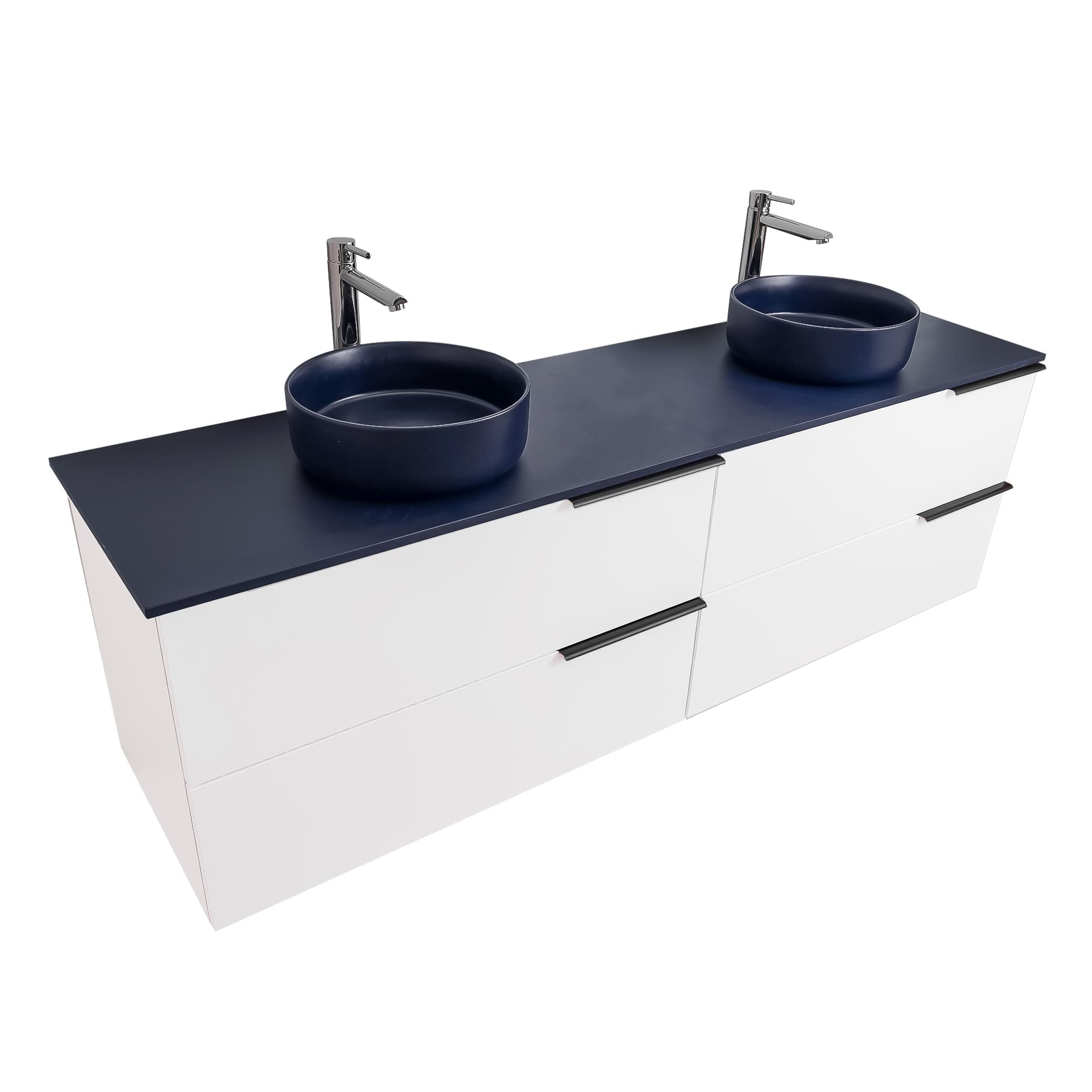 Mallorca 63 Matte White Cabinet, Ares Navy Blue Top And Two Ares Navy Blue Ceramic Basin, Wall Mounted Modern Vanity Set