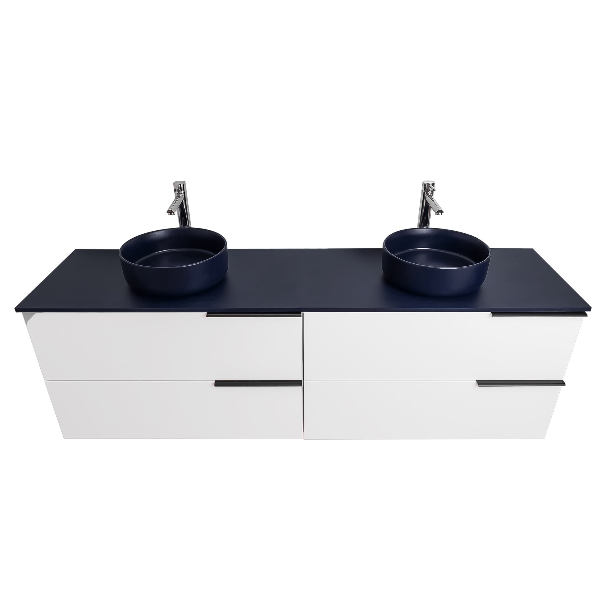 Mallorca 63 Matte White Cabinet, Ares Navy Blue Top And Two Ares Navy Blue Ceramic Basin, Wall Mounted Modern Vanity Set