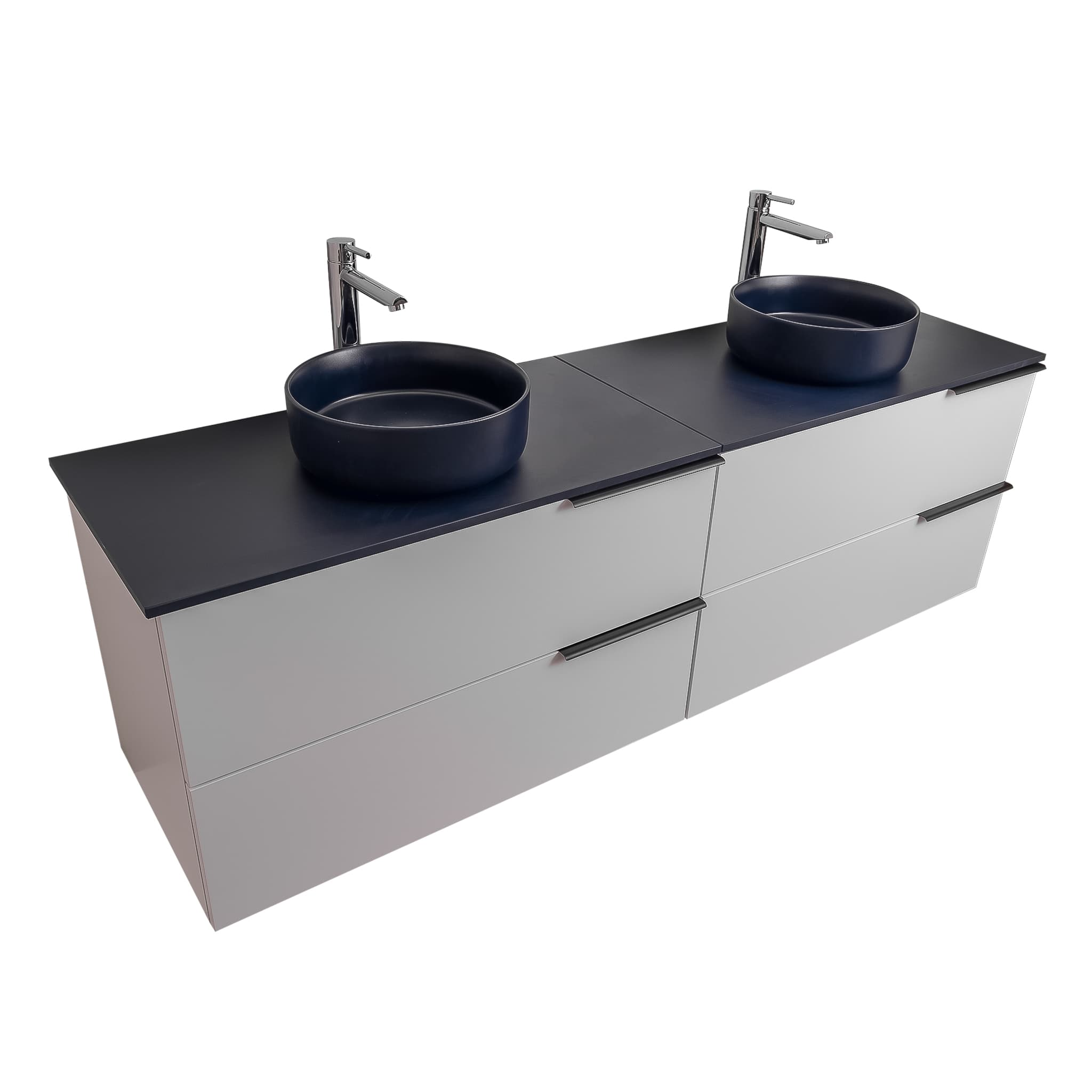 Mallorca 72 Matte White Cabinet, Ares Navy Blue Top And Two Ares Navy Blue Ceramic Basin, Wall Mounted Modern Vanity Set