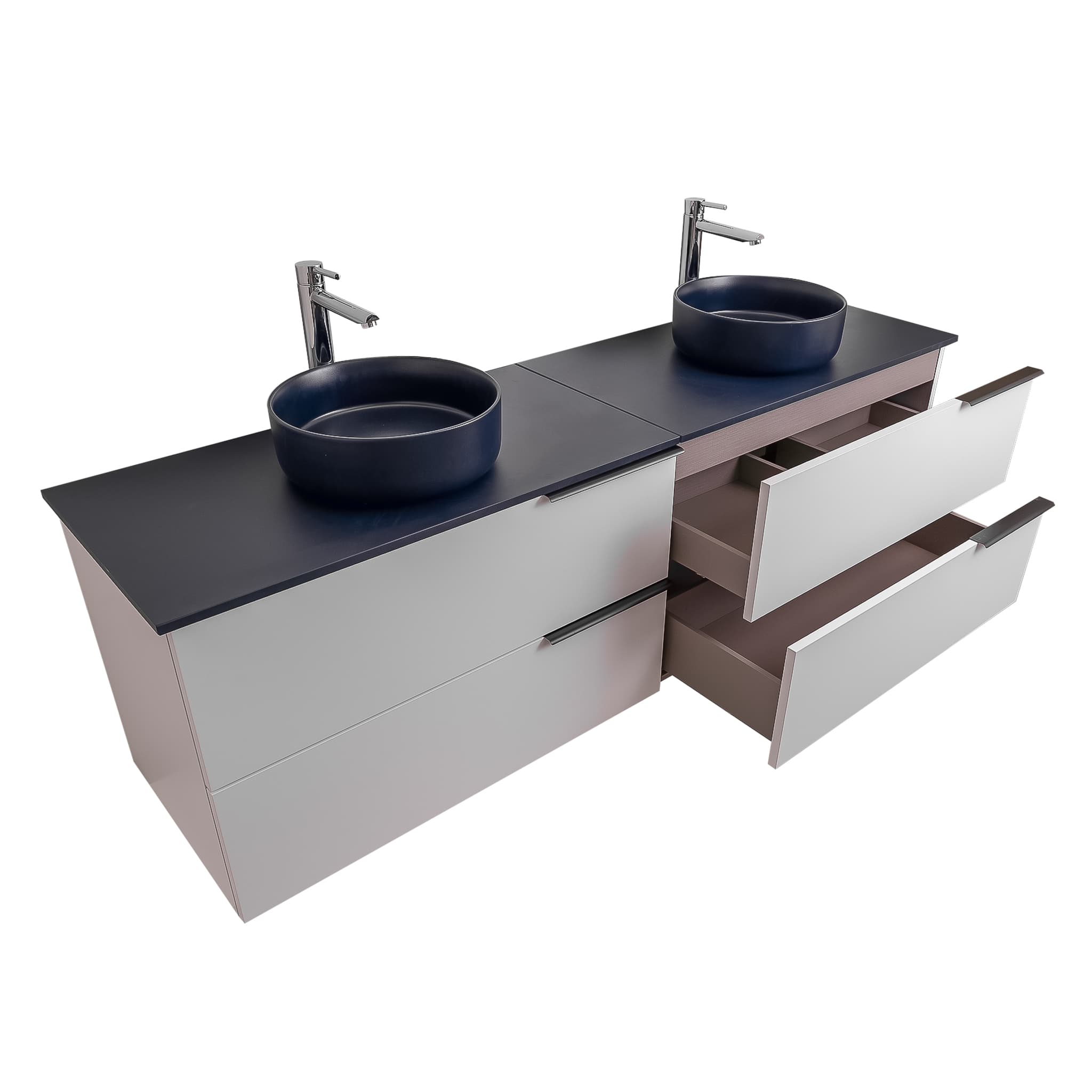 Mallorca 72 Matte White Cabinet, Ares Navy Blue Top And Two Ares Navy Blue Ceramic Basin, Wall Mounted Modern Vanity Set