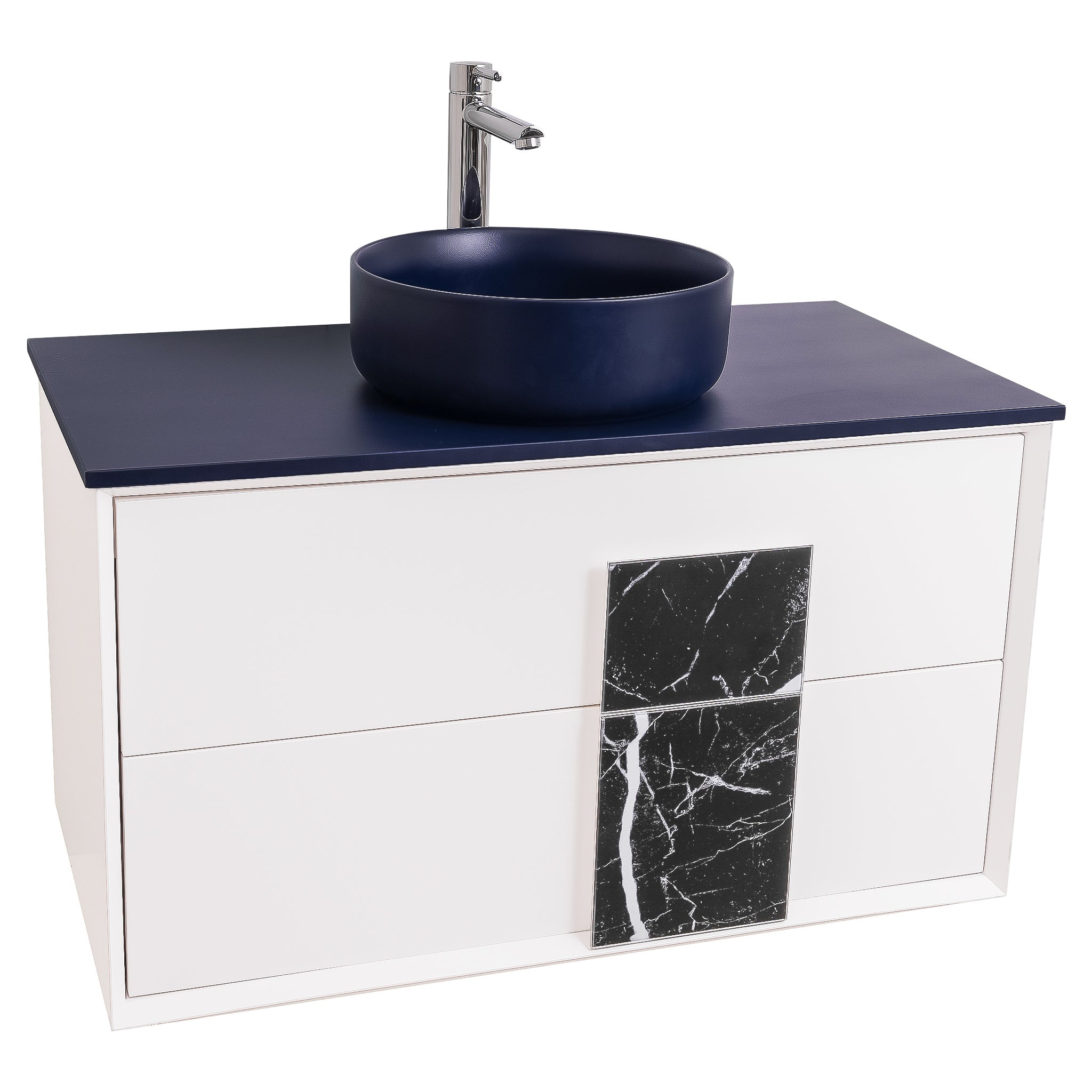 Piazza 31.5 Matte White With Black Marble Handle, Ares Navy Blue Top and Ares Navy Blue Ceramic Basin, Wall Mounted Modern Vanity Set