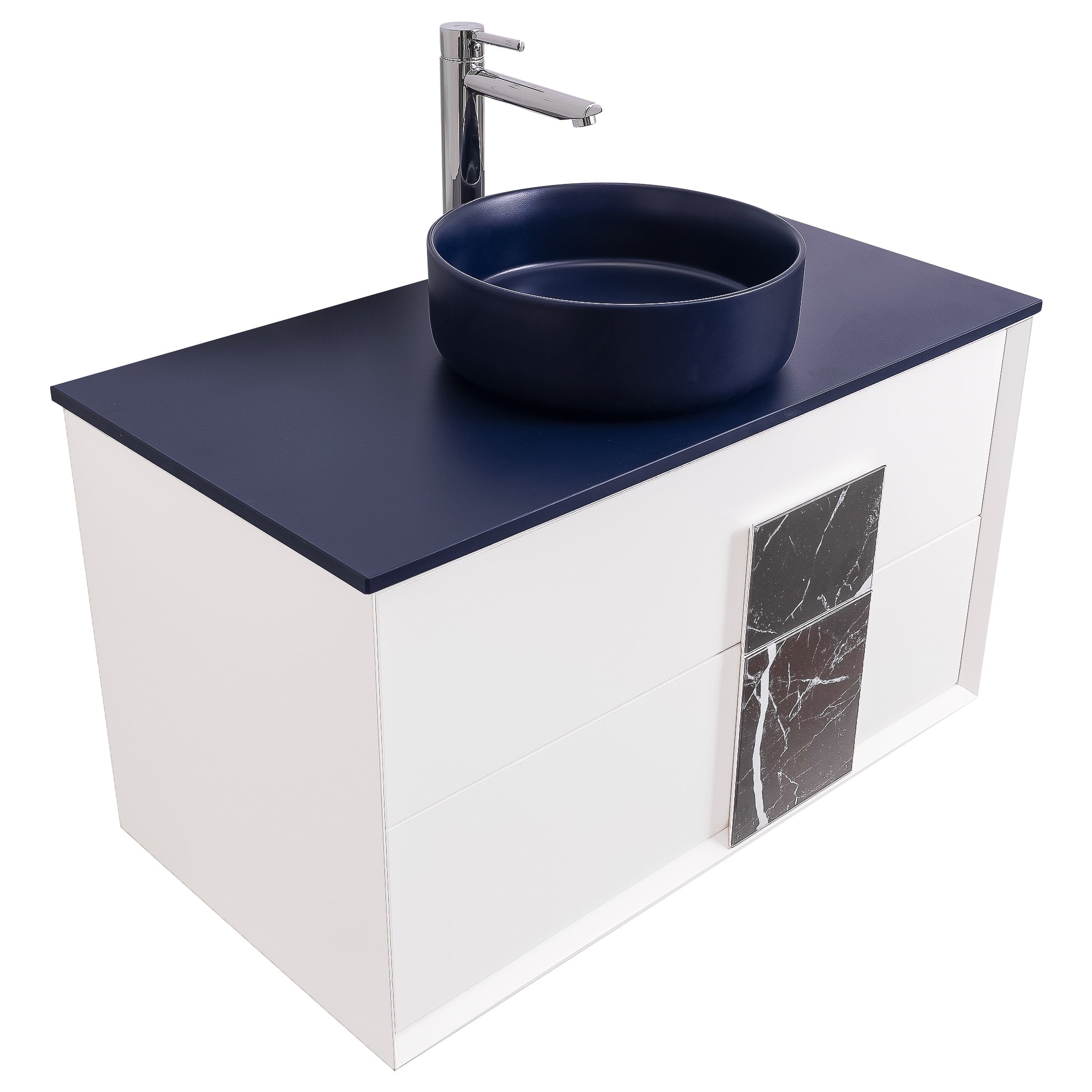 Piazza 31.5 Matte White With Black Marble Handle, Ares Navy Blue Top and Ares Navy Blue Ceramic Basin, Wall Mounted Modern Vanity Set