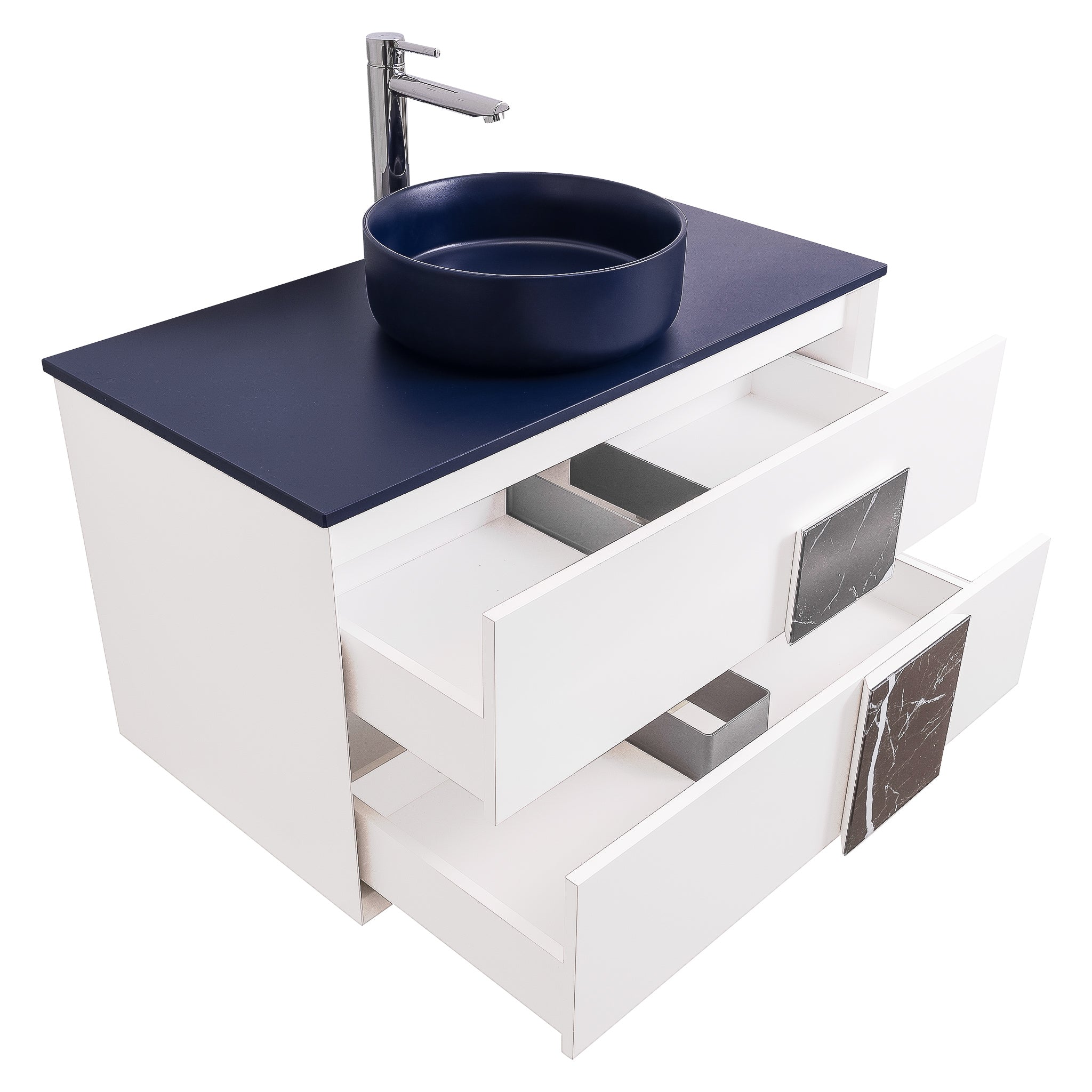 Piazza 31.5 Matte White With Black Marble Handle, Ares Navy Blue Top and Ares Navy Blue Ceramic Basin, Wall Mounted Modern Vanity Set