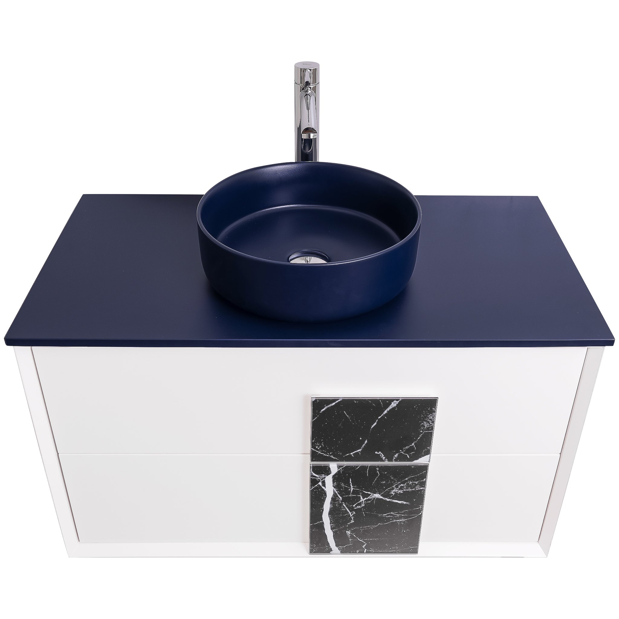 Piazza 31.5 Matte White With Black Marble Handle, Ares Navy Blue Top and Ares Navy Blue Ceramic Basin, Wall Mounted Modern Vanity Set
