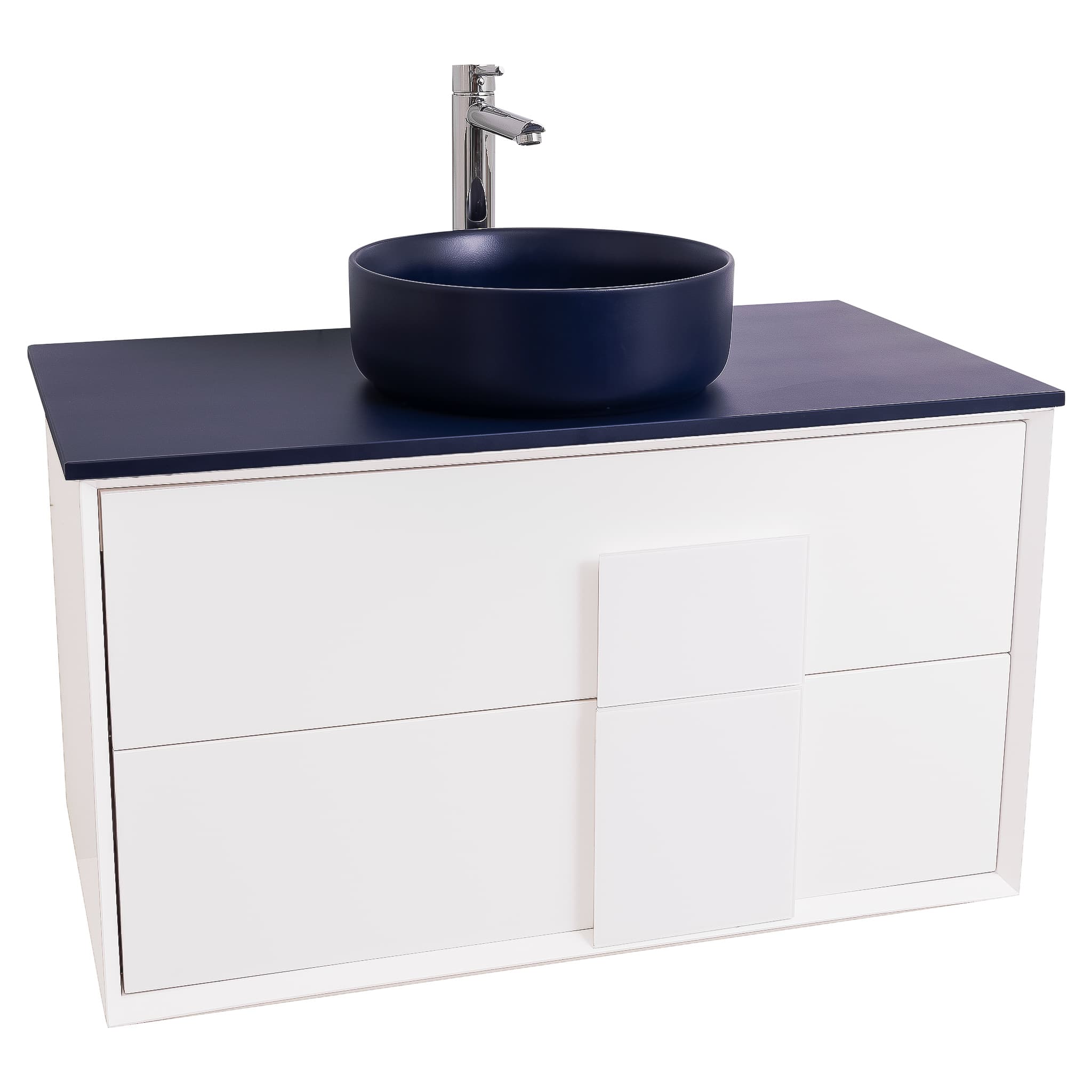 Piazza 31.5 Matte White With White Handle Cabinet, Ares Navy Blue Top and Ares Navy Blue Ceramic Basin, Wall Mounted Modern Vanity Set