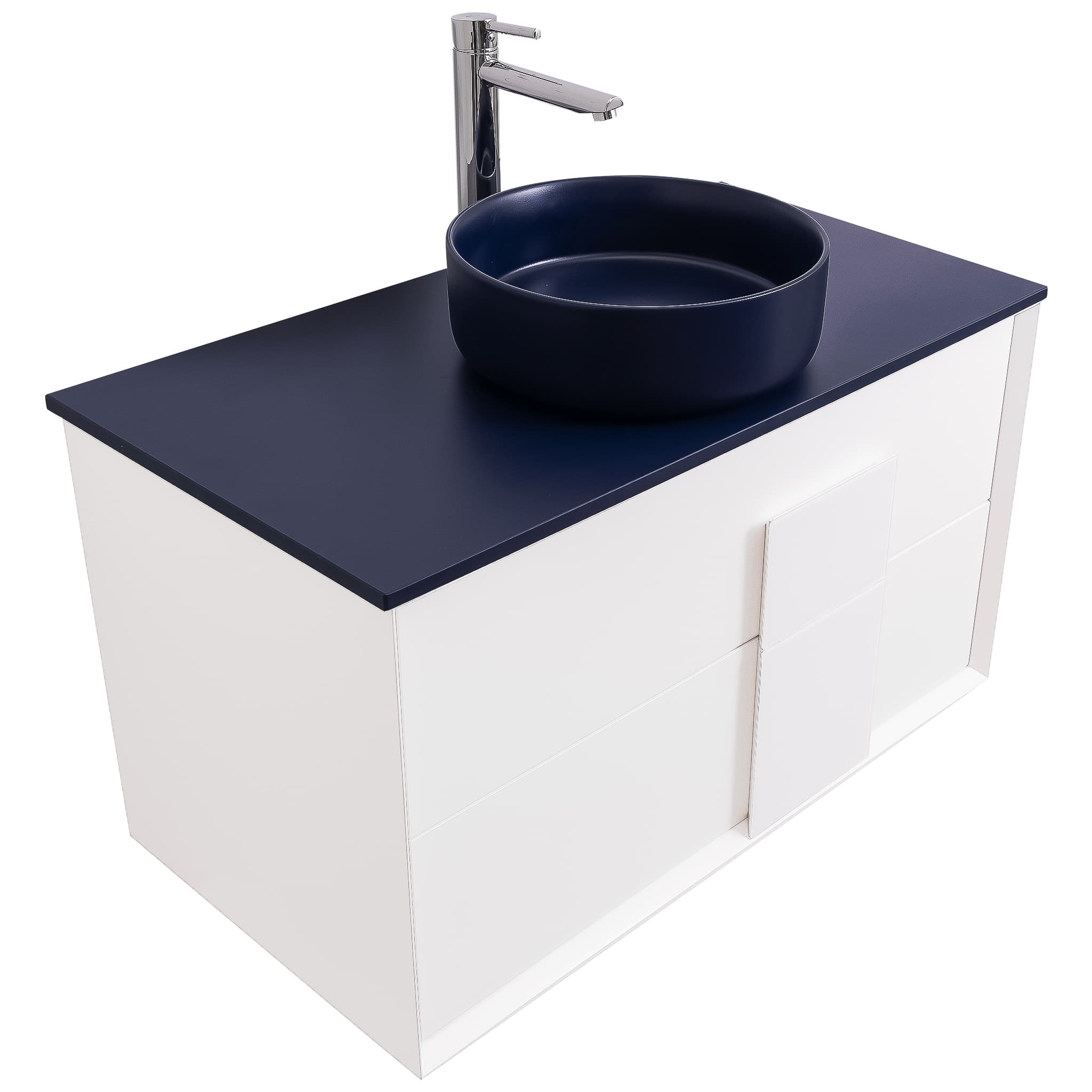 Piazza 31.5 Matte White With White Handle Cabinet, Ares Navy Blue Top and Ares Navy Blue Ceramic Basin, Wall Mounted Modern Vanity Set