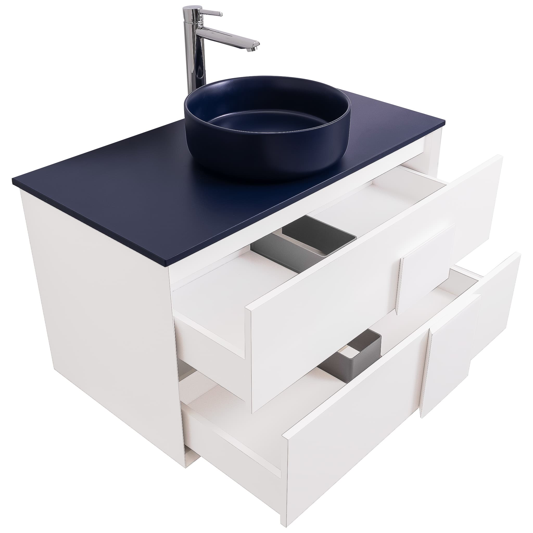 Piazza 31.5 Matte White With White Handle Cabinet, Ares Navy Blue Top and Ares Navy Blue Ceramic Basin, Wall Mounted Modern Vanity Set