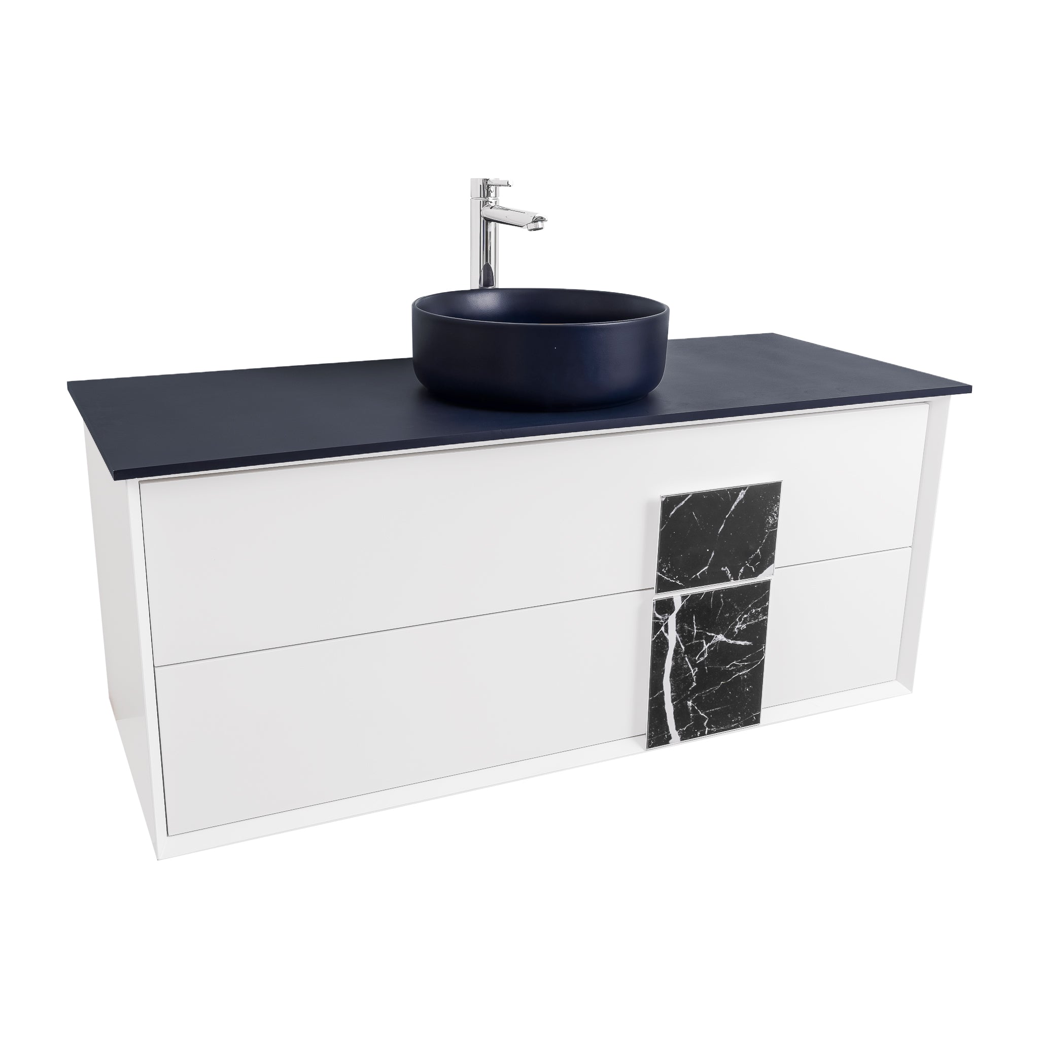 Piazza 47.5 Matte White With Black Marble Handle, Ares Navy Blue Top and Ares Navy Blue Ceramic Basin, Wall Mounted Modern Vanity Set
