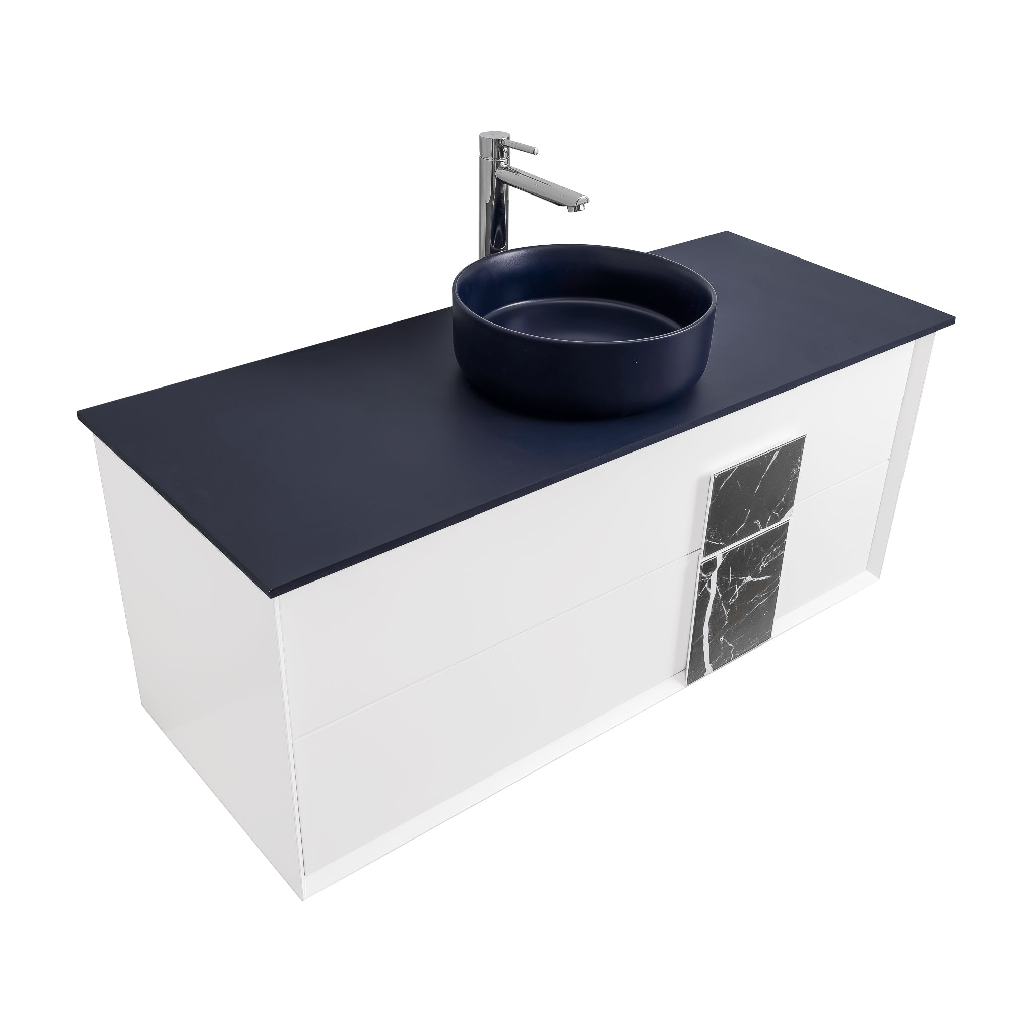 Piazza 47.5 Matte White With Black Marble Handle, Ares Navy Blue Top and Ares Navy Blue Ceramic Basin, Wall Mounted Modern Vanity Set