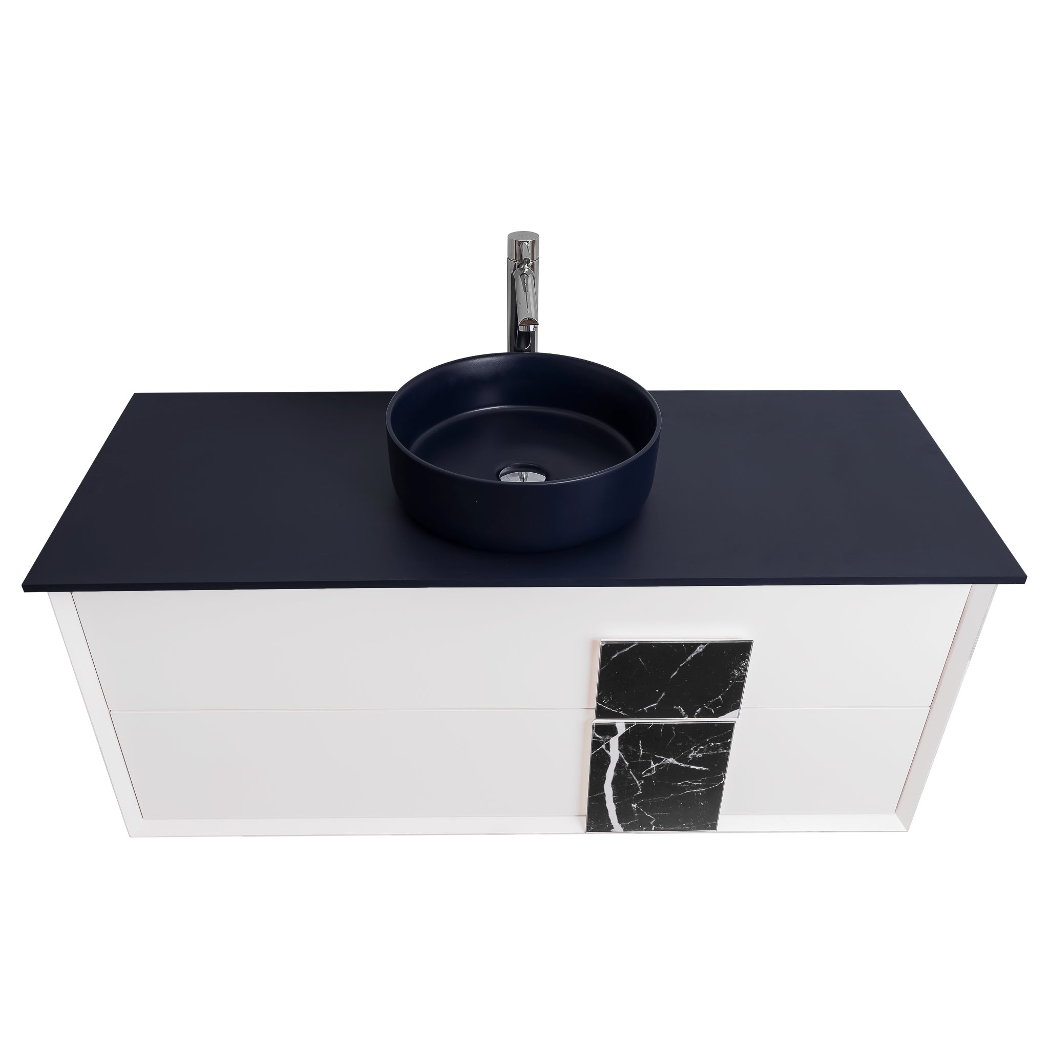 Piazza 47.5 Matte White With Black Marble Handle, Ares Navy Blue Top and Ares Navy Blue Ceramic Basin, Wall Mounted Modern Vanity Set