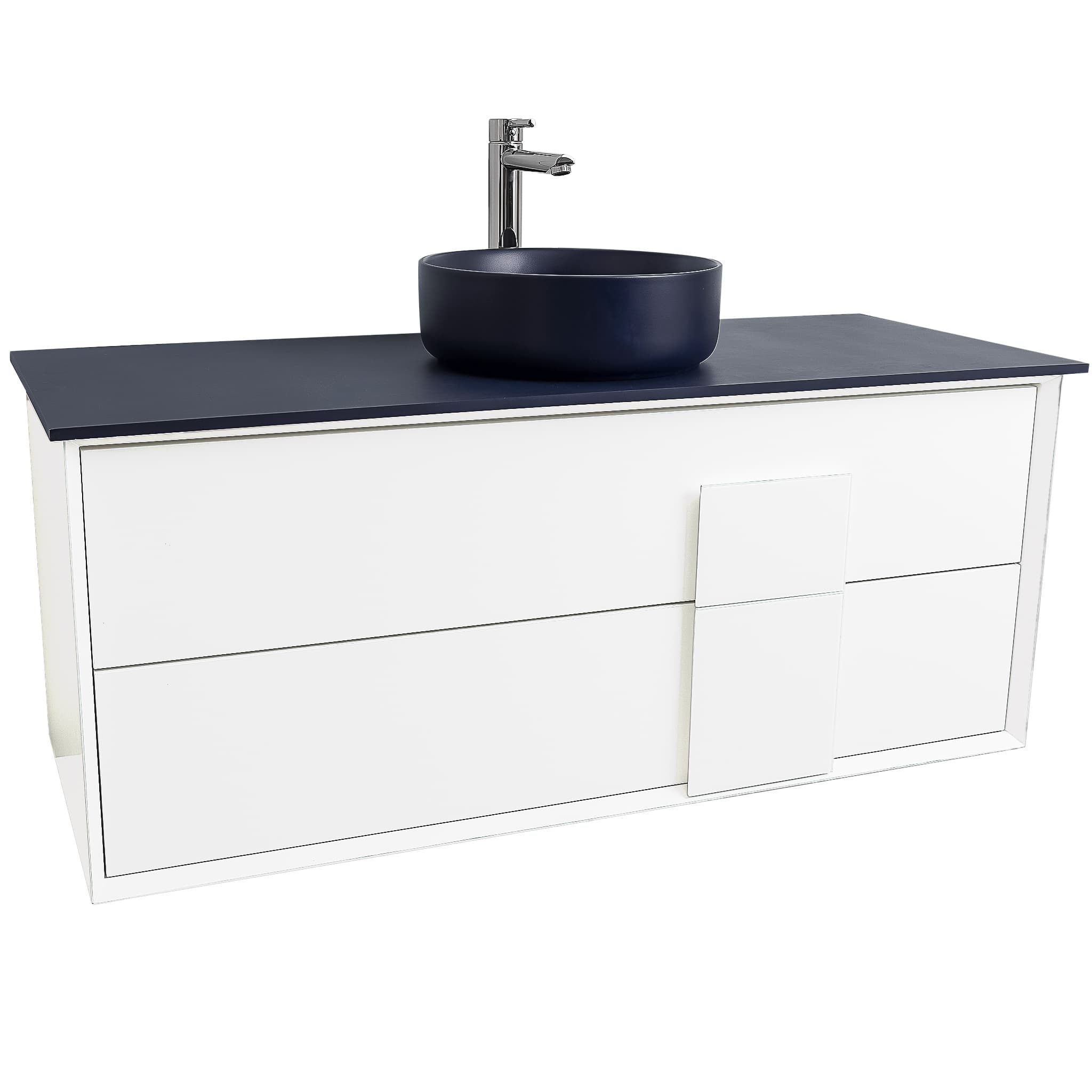 Piazza 47.5 Matte White With White Handle Cabinet, Ares Navy Blue Top and Ares Navy Blue Ceramic Basin, Wall Mounted Modern Vanity Set